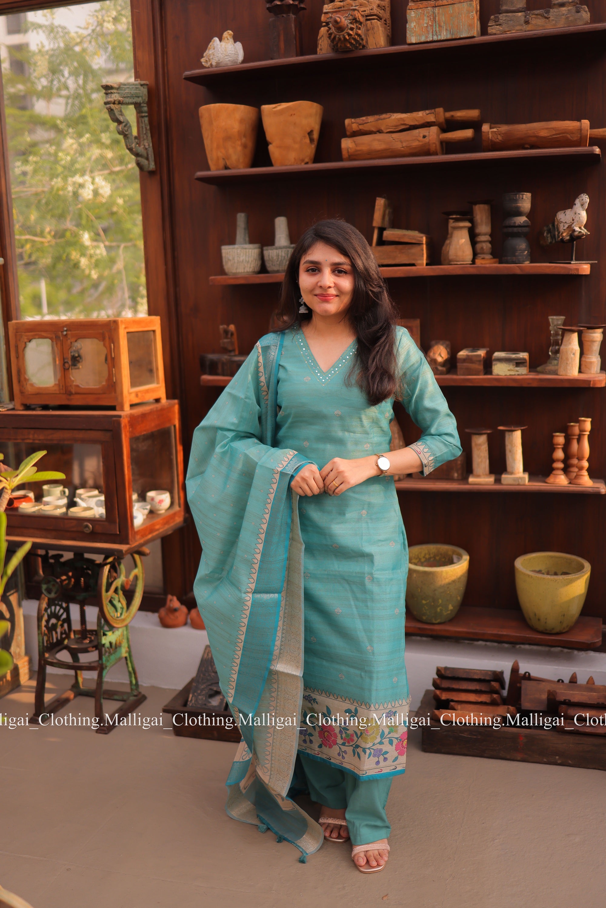 Banarasi Silk Handloom Salwar Suit Set with Top, Pant and Dupatta with Pockets - Blue