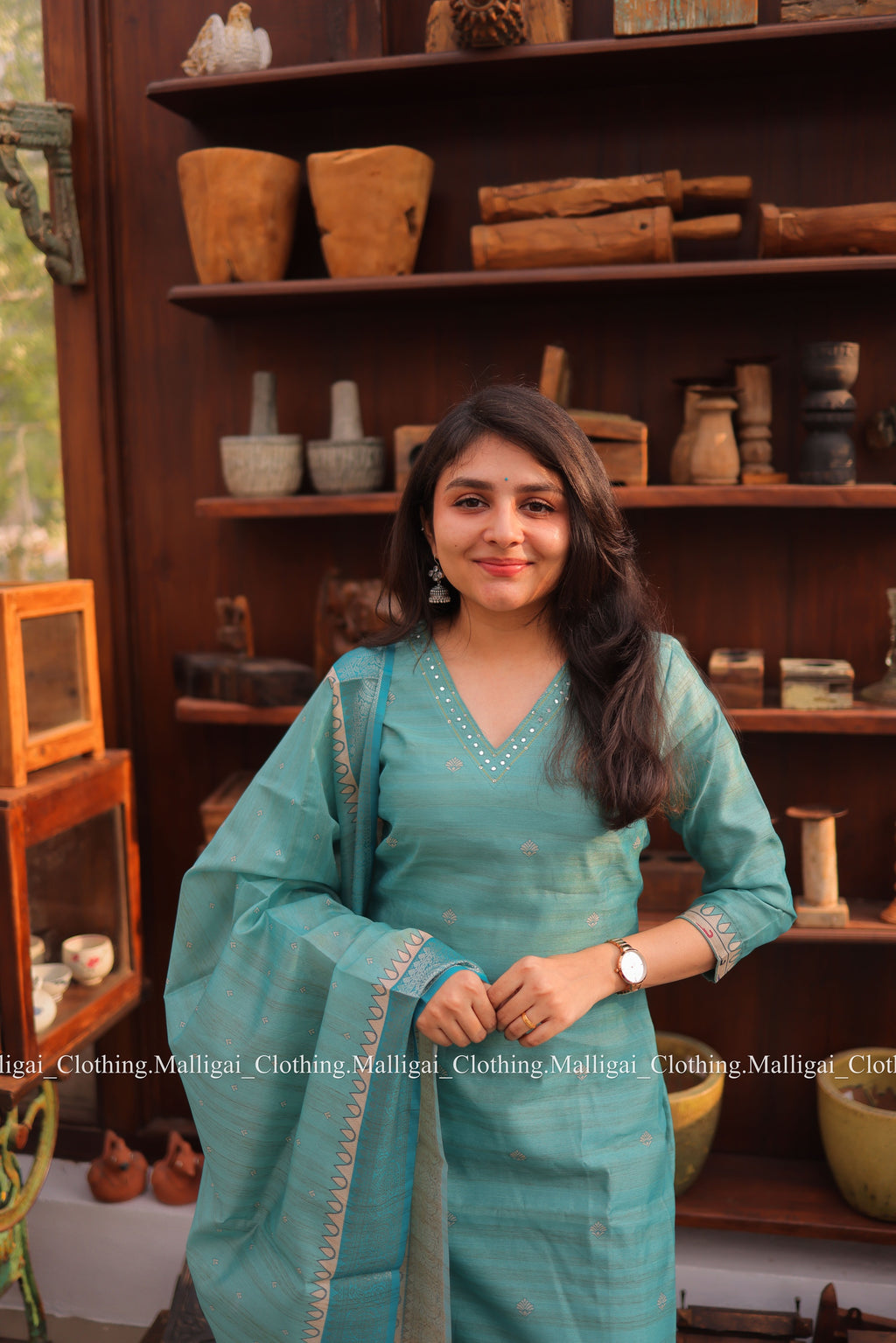 Banarasi Silk Handloom Salwar Suit Set with Top, Pant and Dupatta with Pockets - Blue