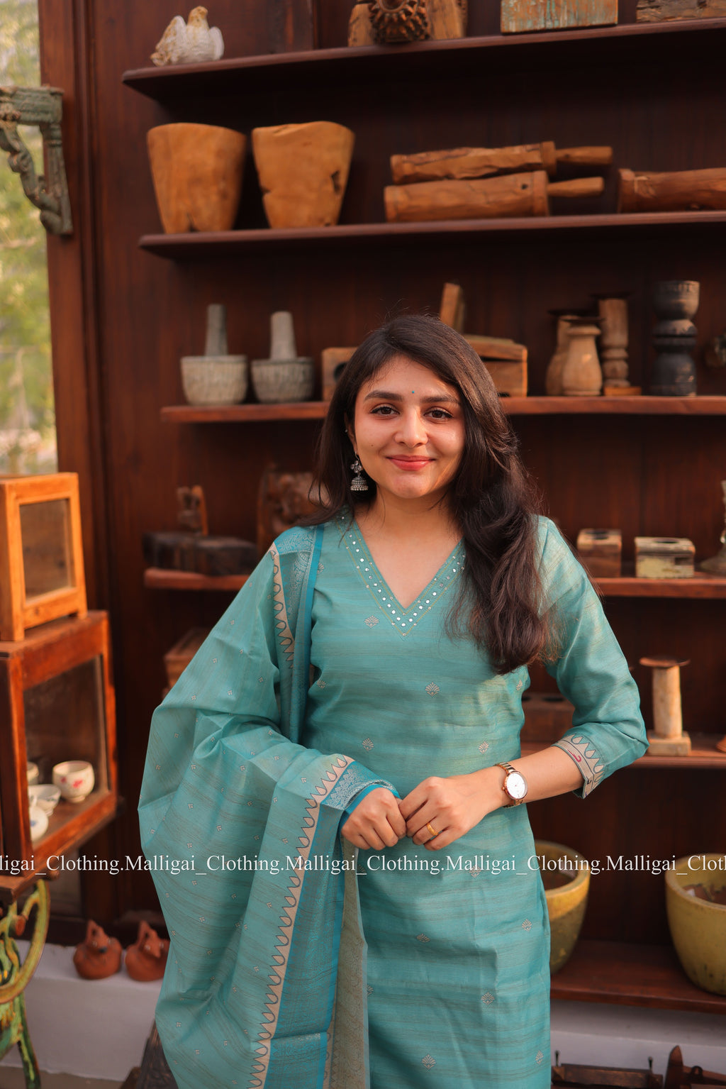 Banarasi Silk Handloom Salwar Suit Set with Top, Pant and Dupatta with Pockets - Blue