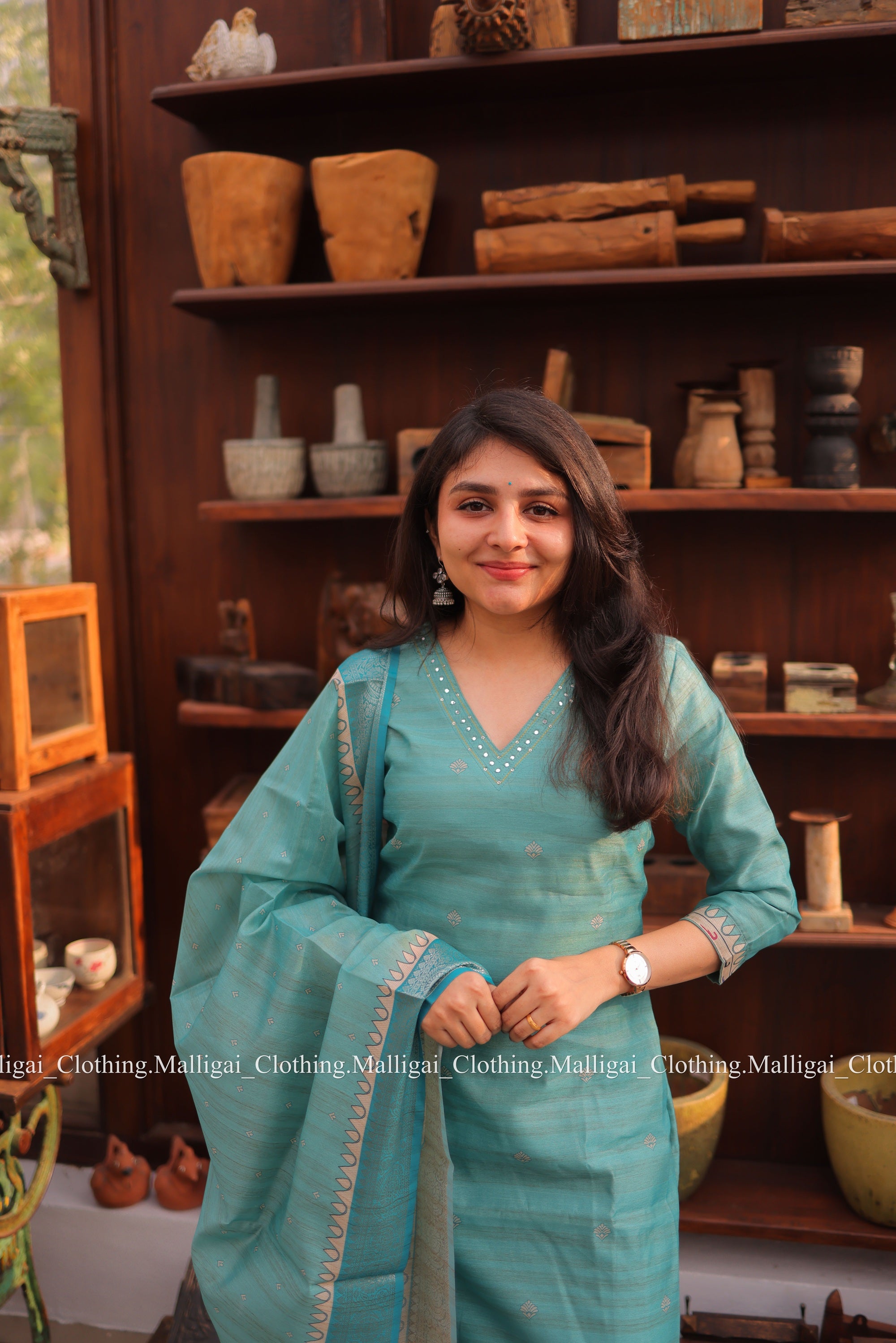 Banarasi Silk Handloom Salwar Suit Set with Top, Pant and Dupatta with Pockets - Blue