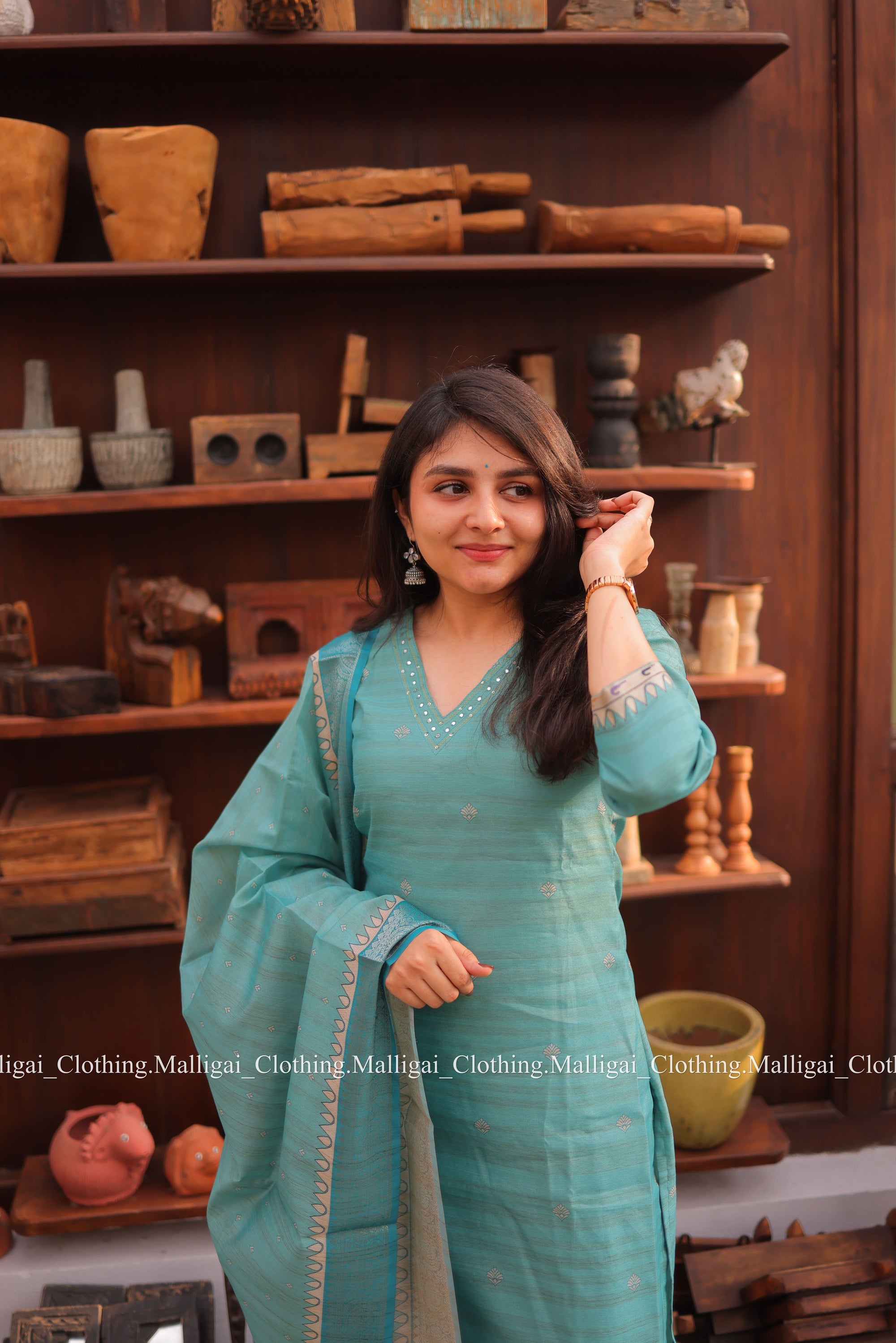 Banarasi Silk Handloom Salwar Suit Set with Top, Pant and Dupatta with Pockets - Blue