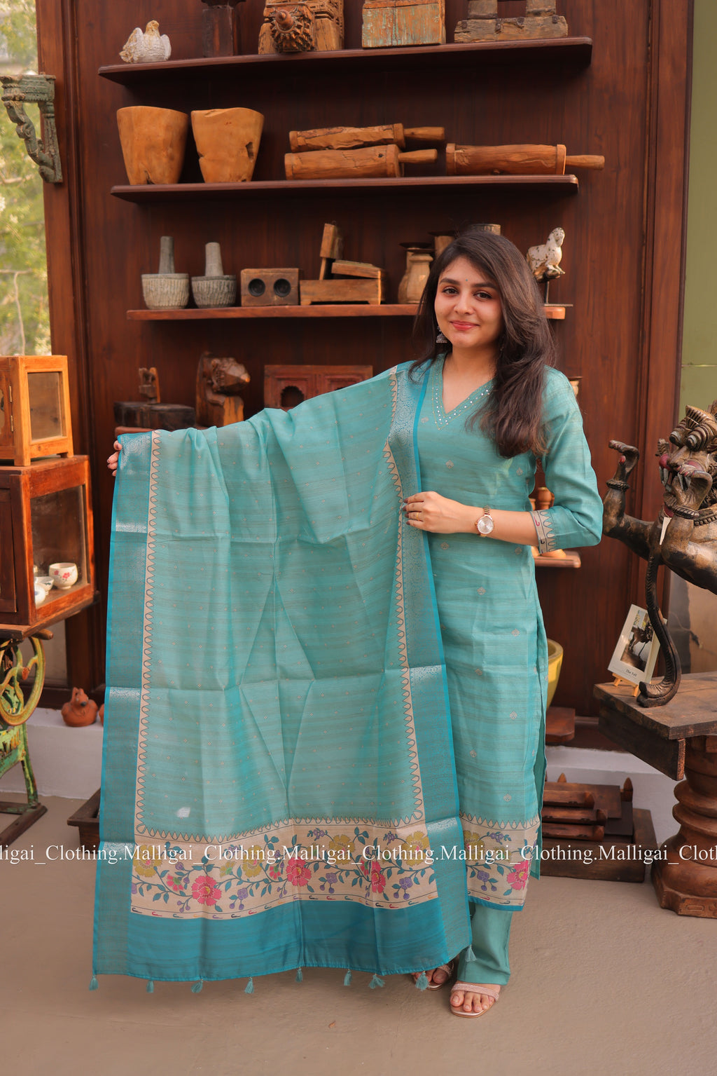 Banarasi Silk Handloom Salwar Suit Set with Top, Pant and Dupatta with Pockets - Blue