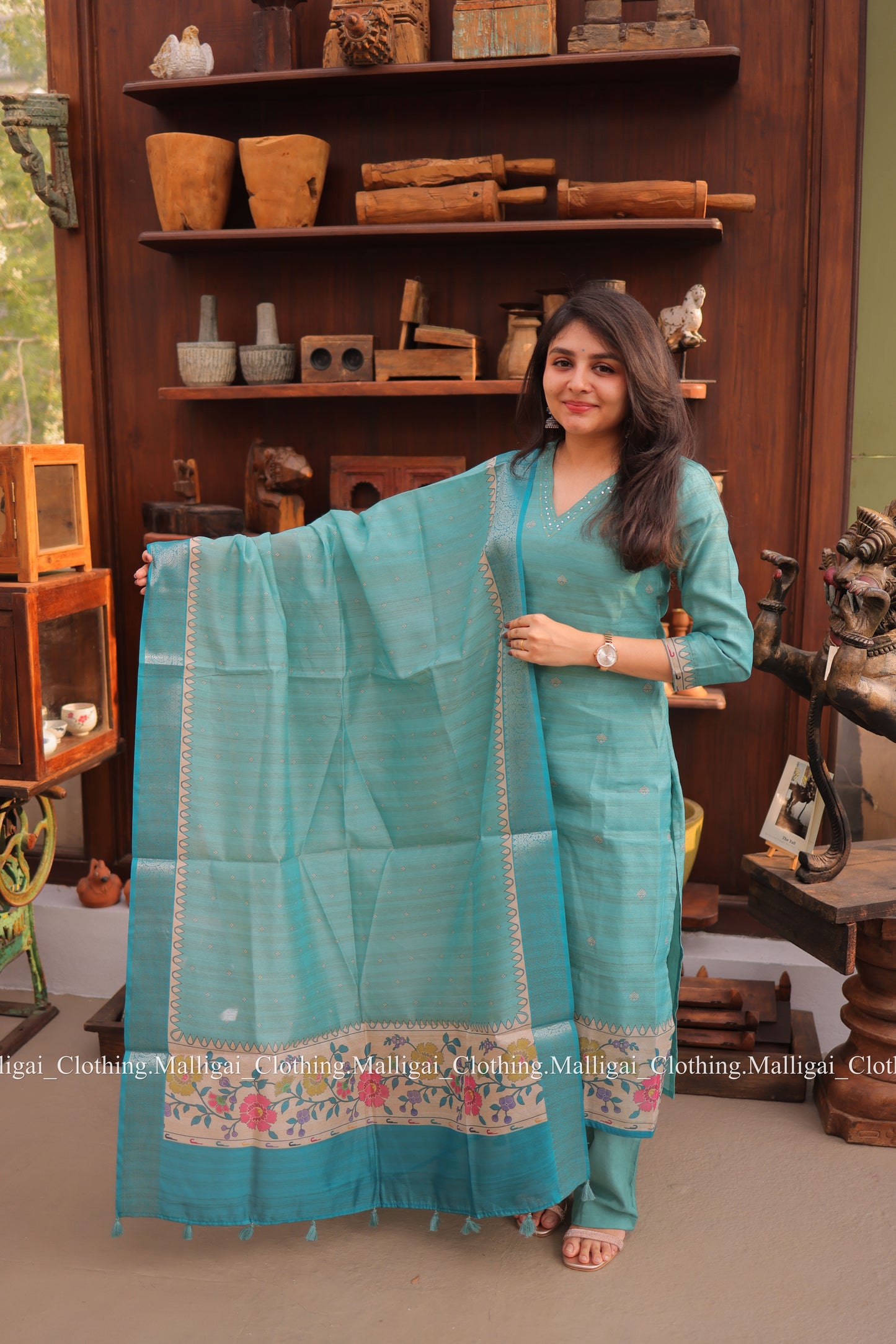 Banarasi Silk Handloom Salwar Suit Set with Top, Pant and Dupatta with Pockets - Blue