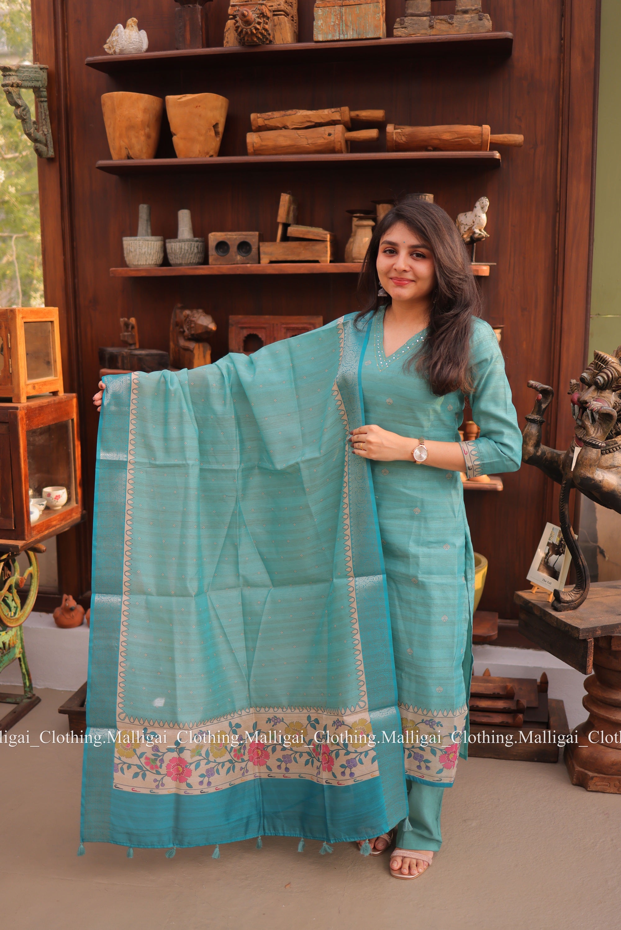 Banarasi Silk Handloom Salwar Suit Set with Top, Pant and Dupatta with Pockets - Blue