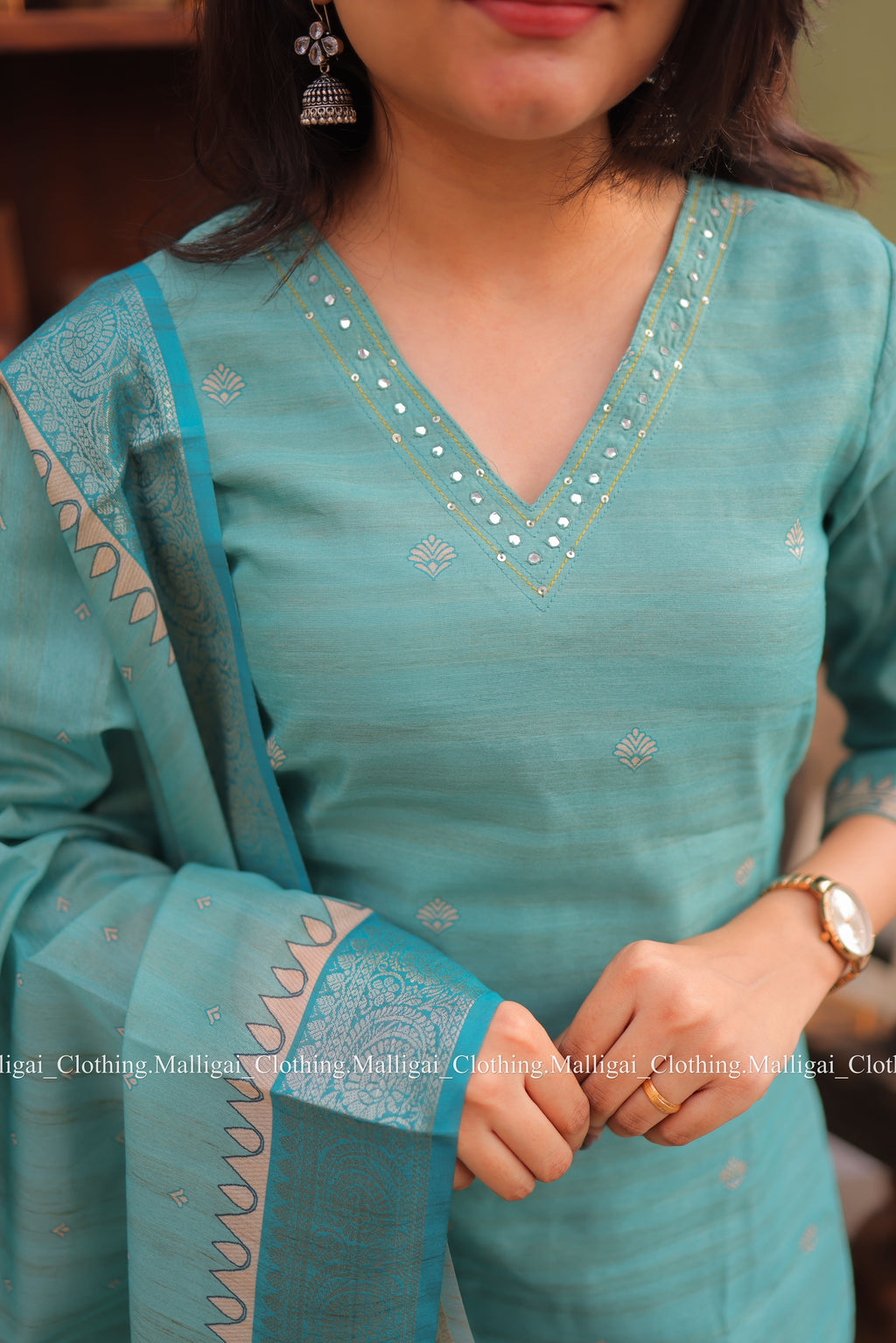 Banarasi Silk Handloom Salwar Suit Set with Top, Pant and Dupatta with Pockets - Blue