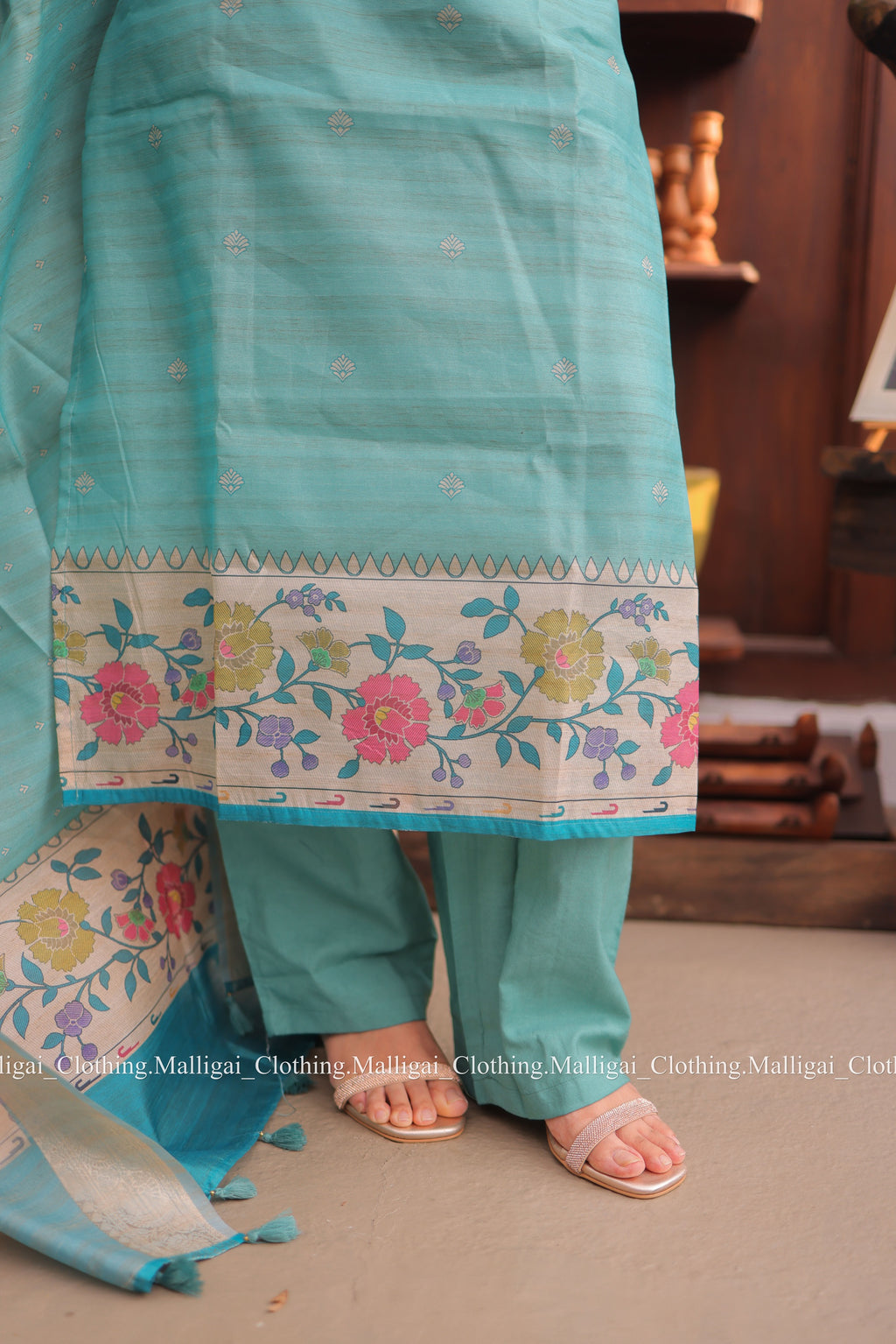 Banarasi Silk Handloom Salwar Suit Set with Top, Pant and Dupatta with Pockets - Blue