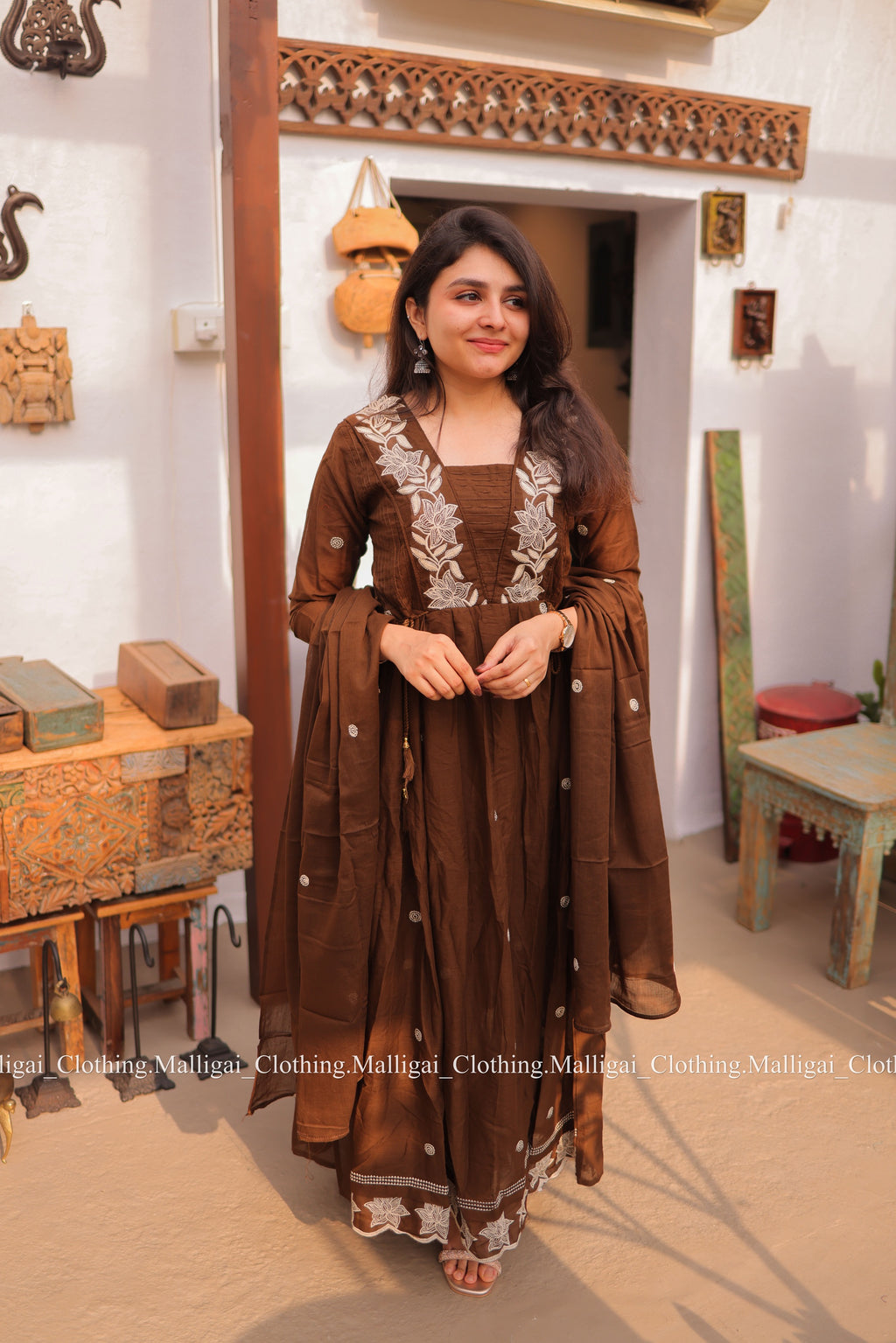 Coffee Brown Mul Mul Cotton Salwar Suit - Umbrella Flare Pattern (Side Open)