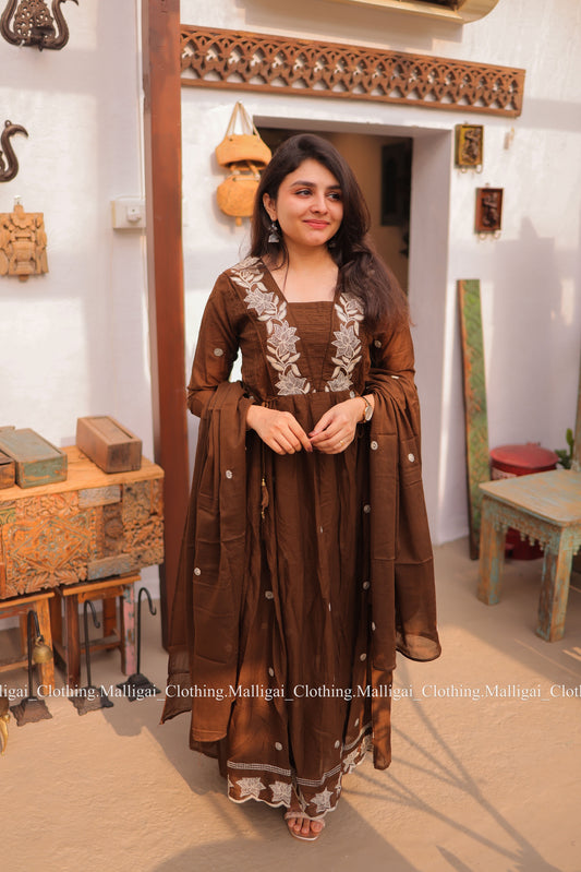 Coffee Brown Mul Mul Cotton Salwar Suit - Umbrella Flare Pattern (Side Open)