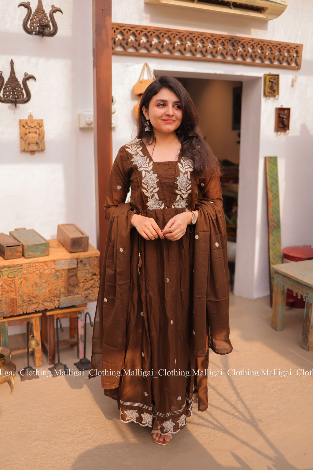Coffee Brown Mul Mul Cotton Salwar Suit - Umbrella Flare Pattern (Side Open)