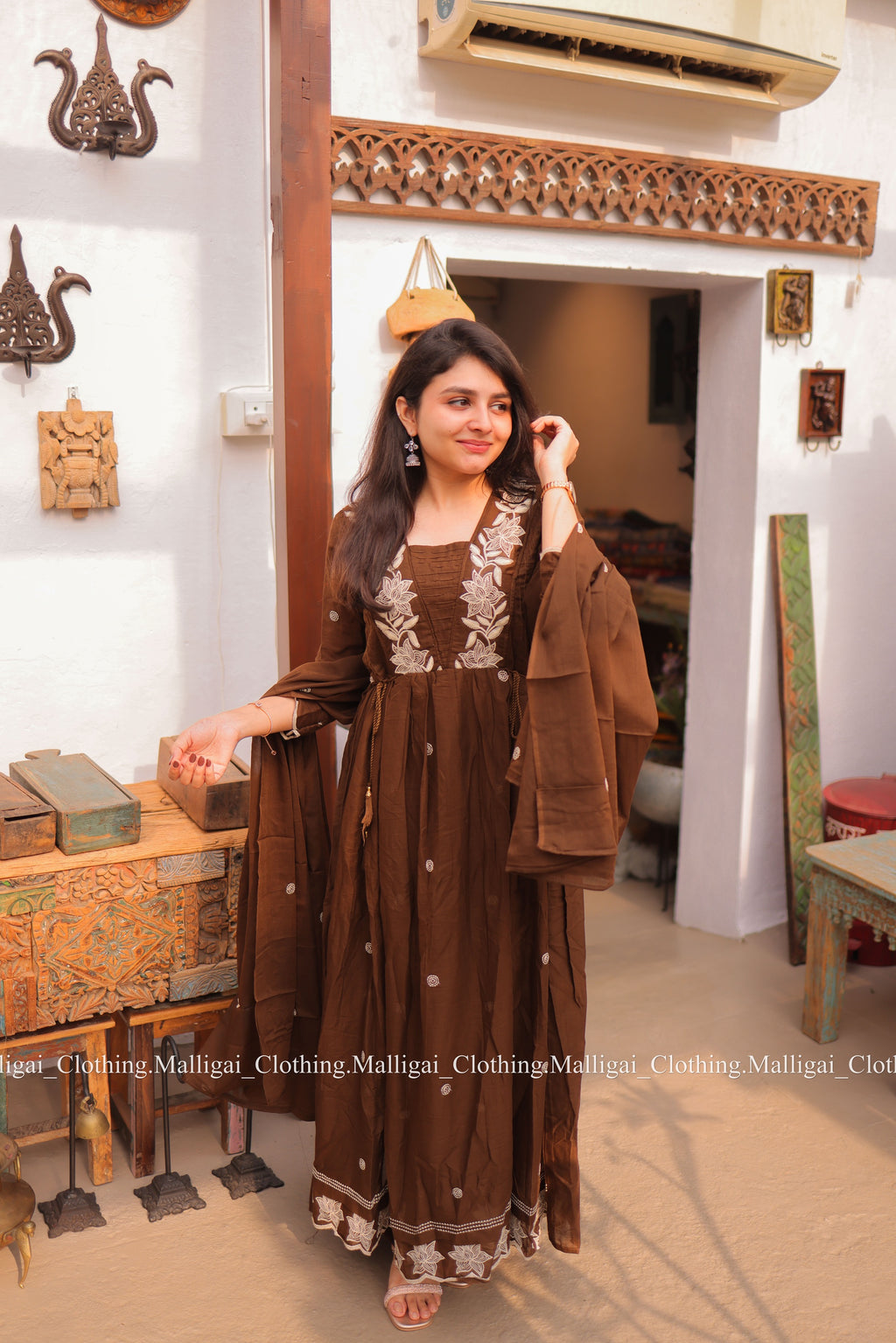 Coffee Brown Mul Mul Cotton Salwar Suit - Umbrella Flare Pattern (Side Open)
