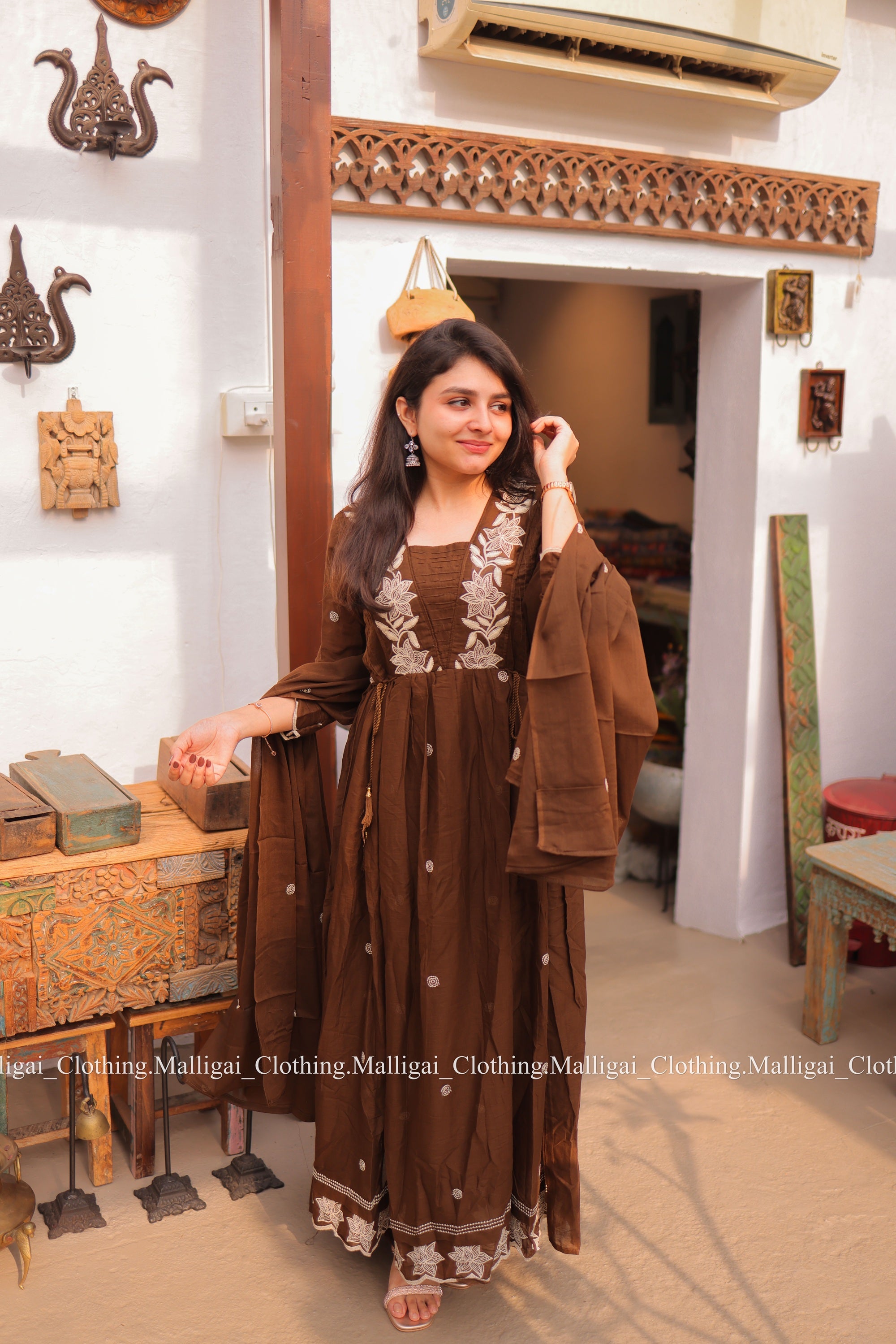 Coffee Brown Mul Mul Cotton Salwar Suit - Umbrella Flare Pattern (Side Open)