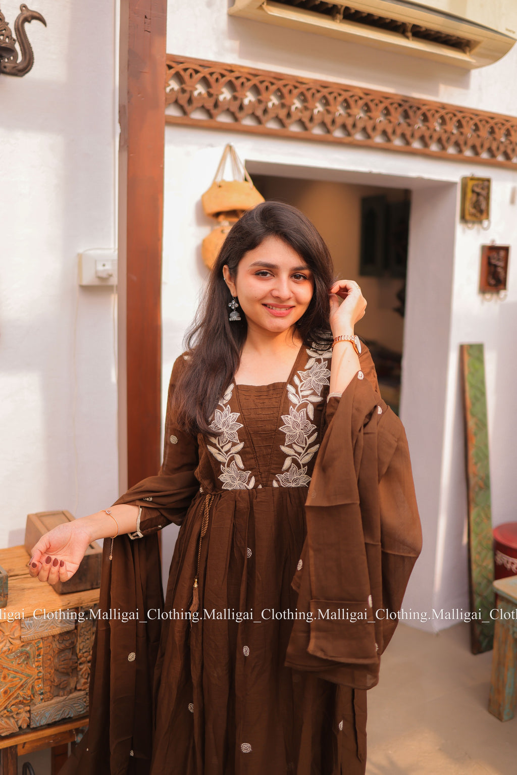 Coffee Brown Mul Mul Cotton Salwar Suit - Umbrella Flare Pattern (Side Open)