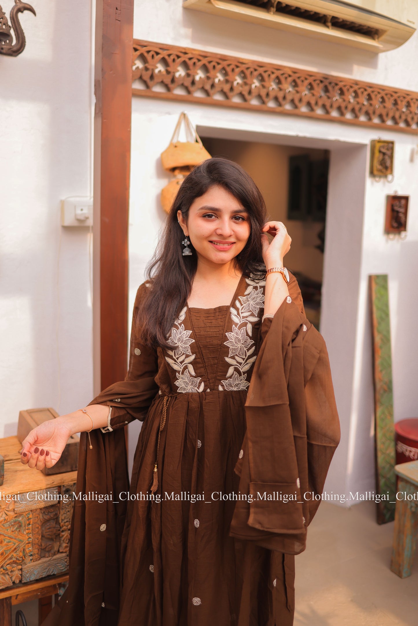 Coffee Brown Mul Mul Cotton Salwar Suit - Umbrella Flare Pattern (Side Open)