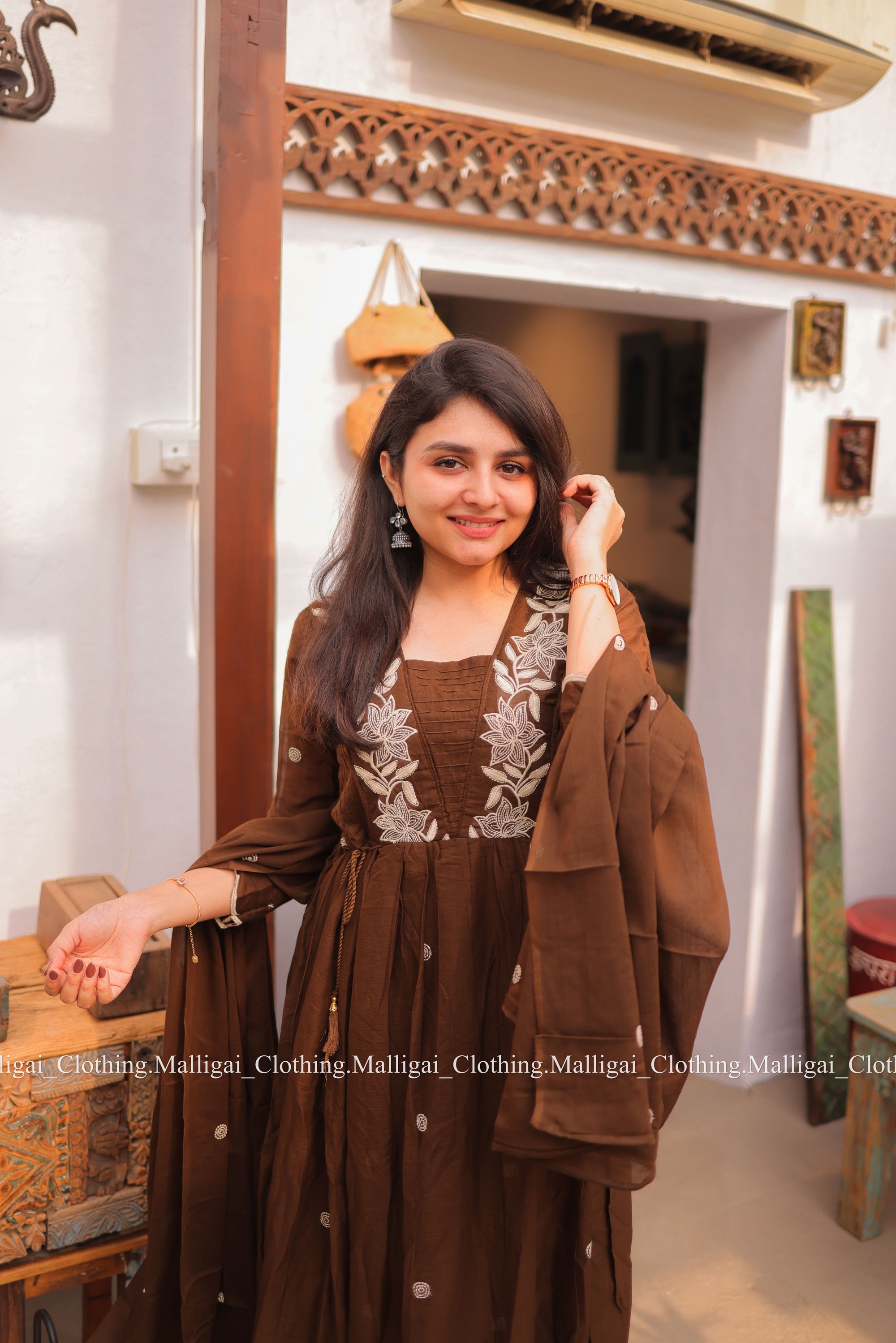 Coffee Brown Mul Mul Cotton Salwar Suit - Umbrella Flare Pattern (Side Open)