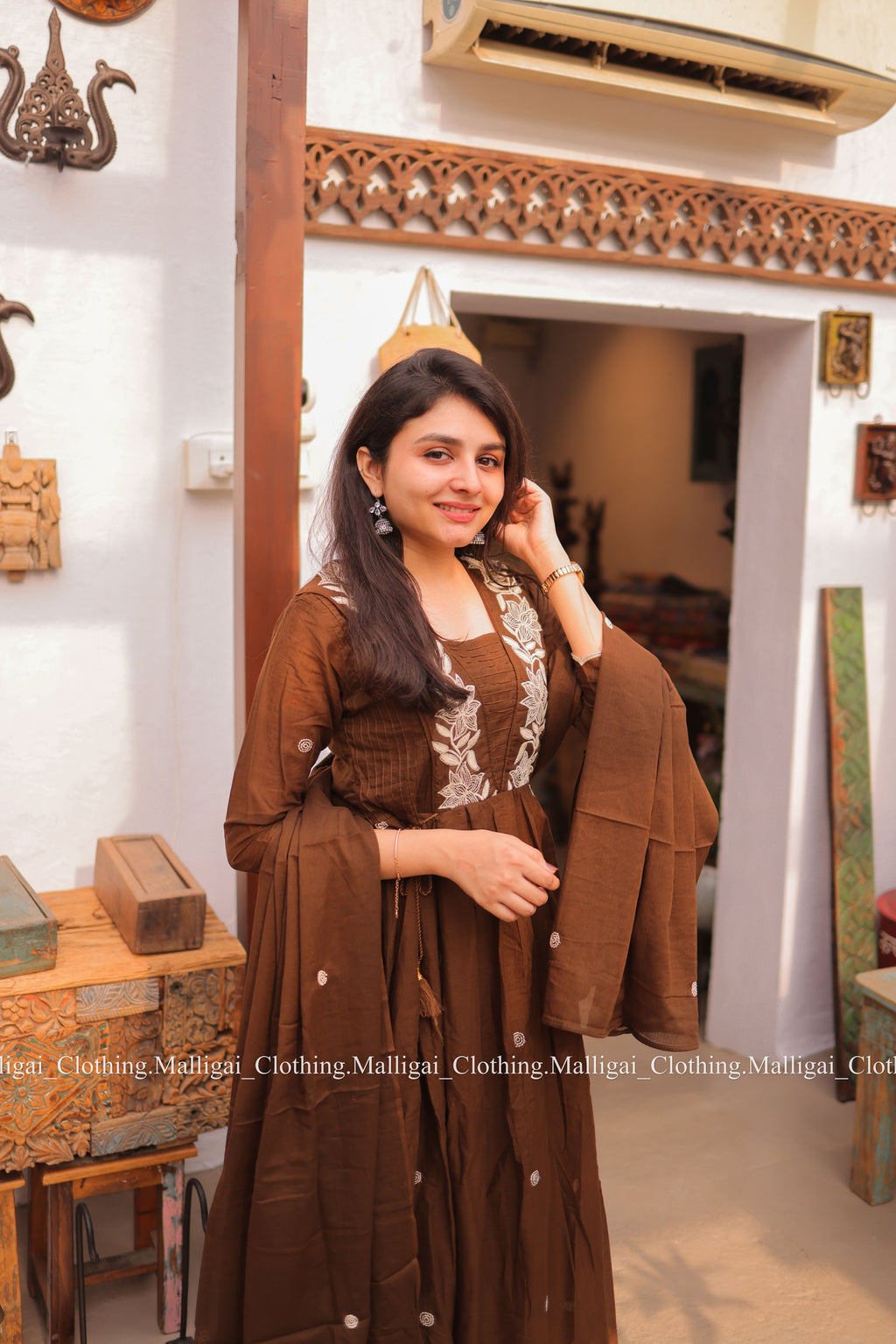 Coffee Brown Mul Mul Cotton Salwar Suit - Umbrella Flare Pattern (Side Open)
