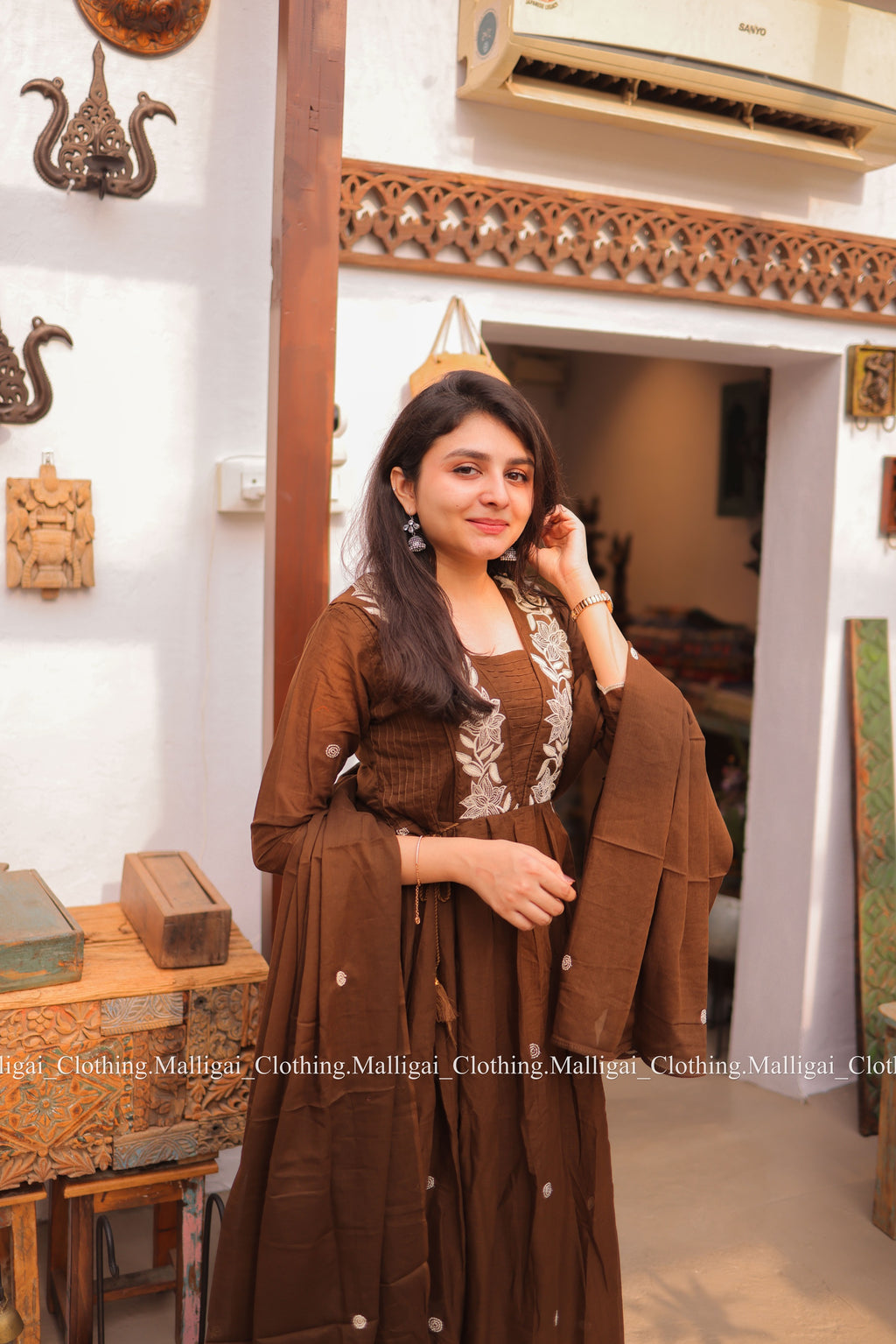 Coffee Brown Mul Mul Cotton Salwar Suit - Umbrella Flare Pattern (Side Open)