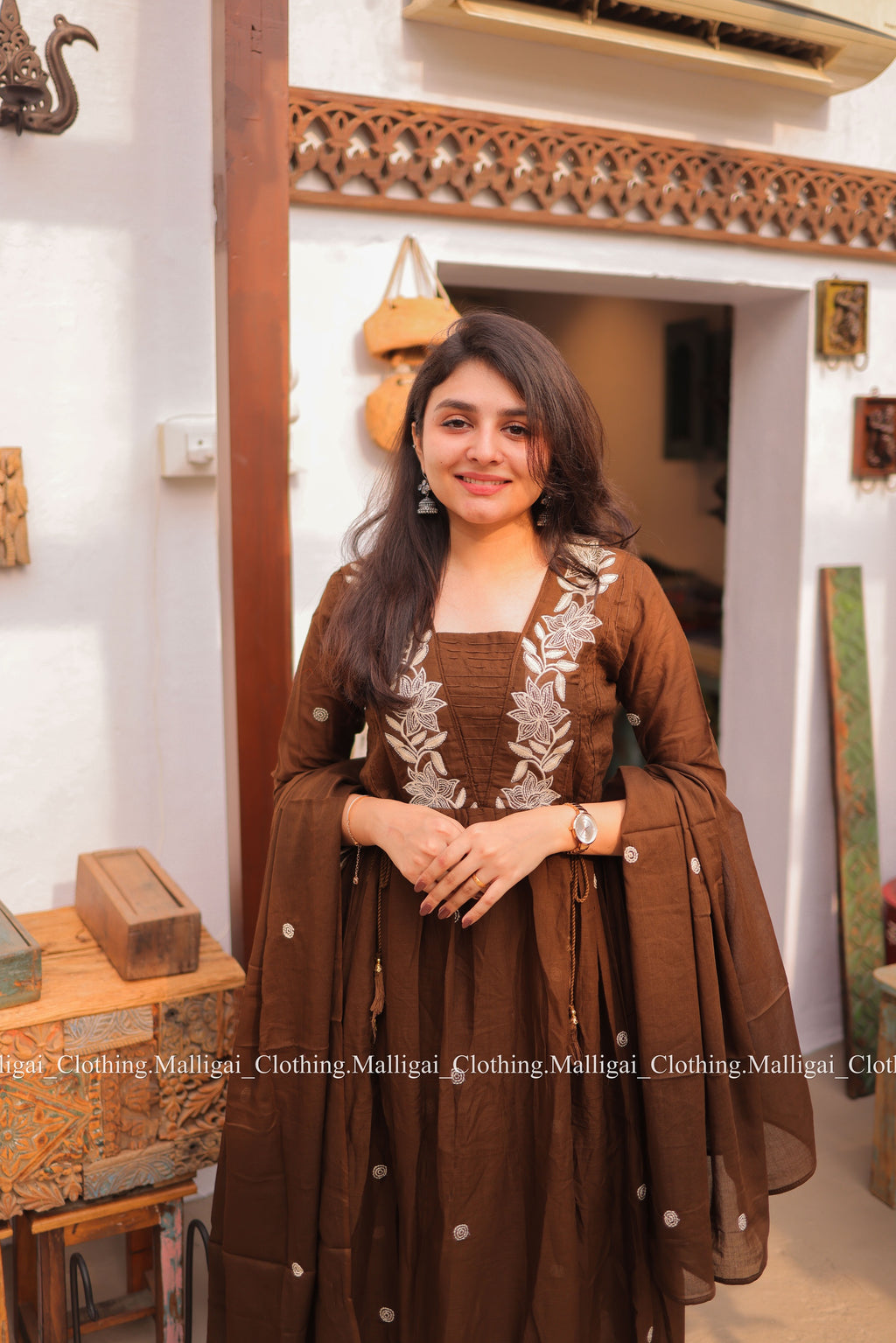 Coffee Brown Mul Mul Cotton Salwar Suit - Umbrella Flare Pattern (Side Open)