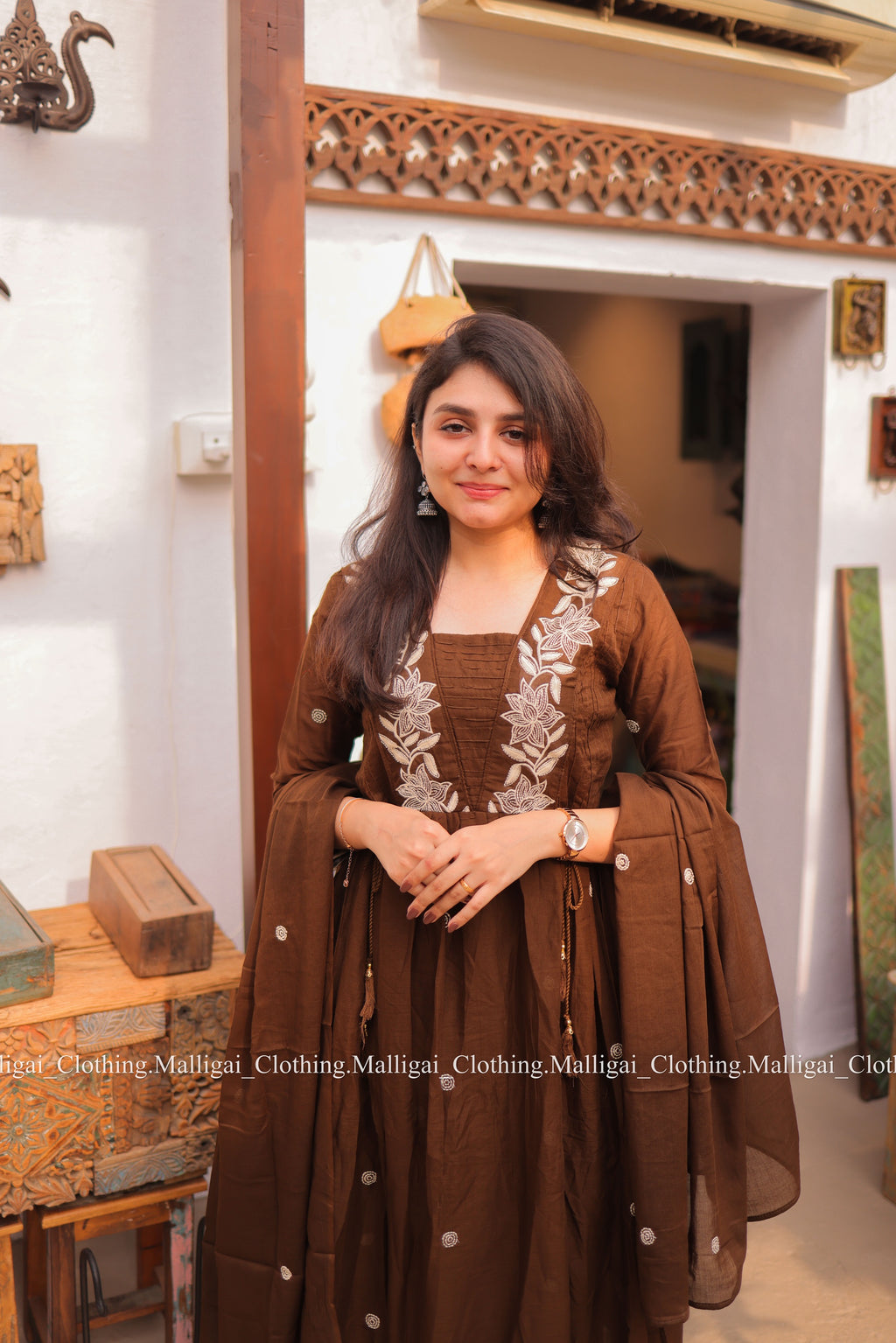 Coffee Brown Mul Mul Cotton Salwar Suit - Umbrella Flare Pattern (Side Open)