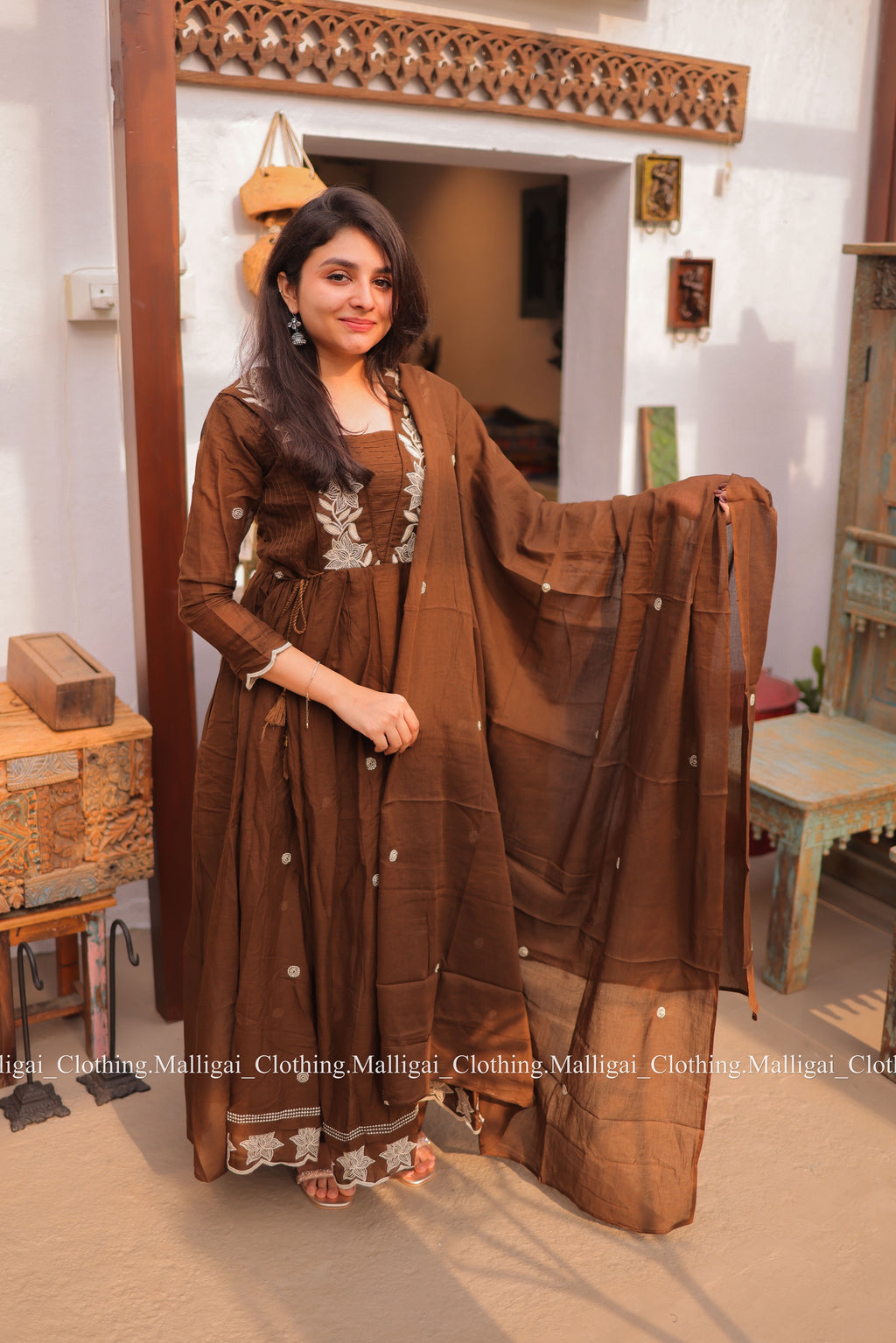 Coffee Brown Mul Mul Cotton Salwar Suit - Umbrella Flare Pattern (Side Open)