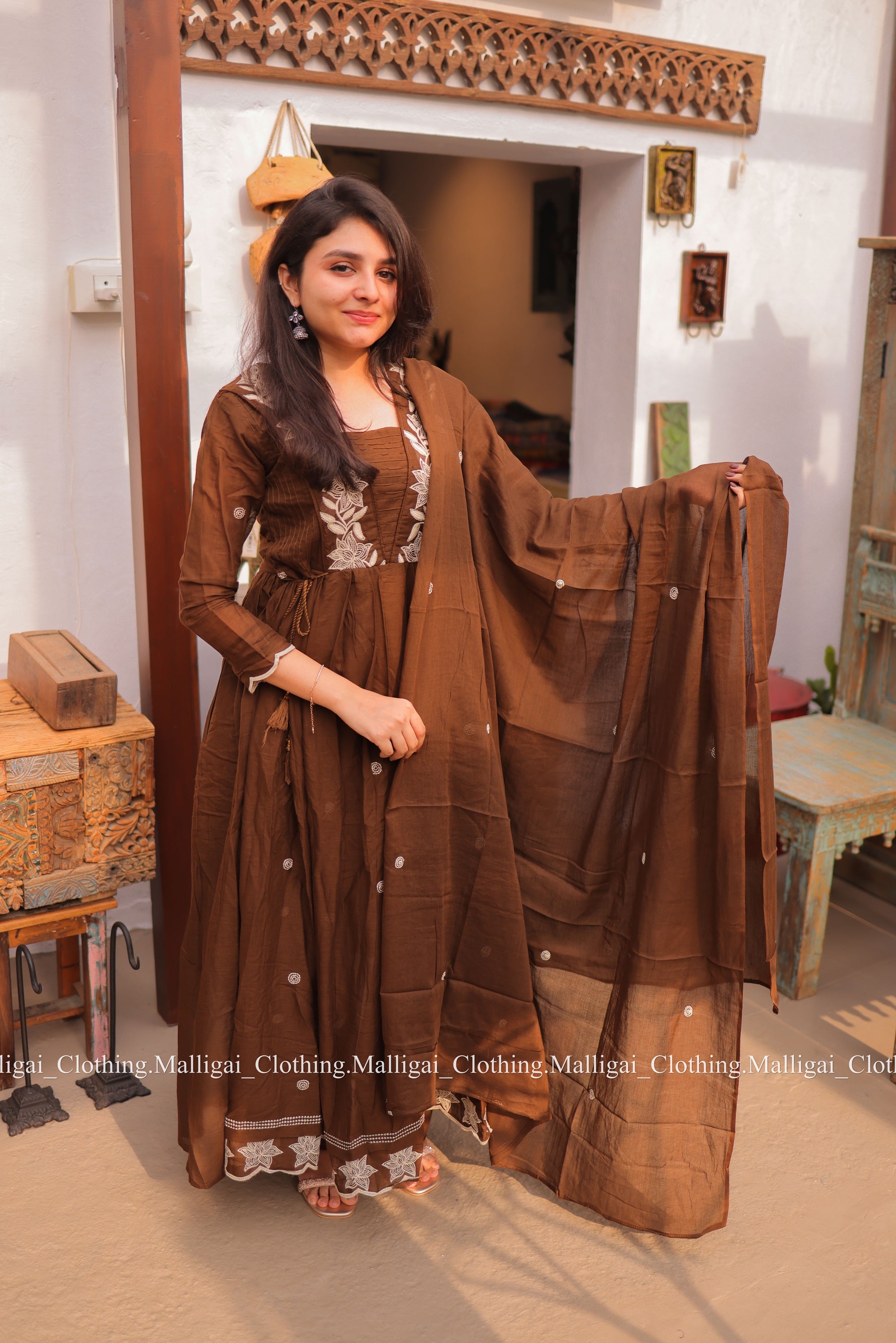 Coffee Brown Mul Mul Cotton Salwar Suit - Umbrella Flare Pattern (Side Open)