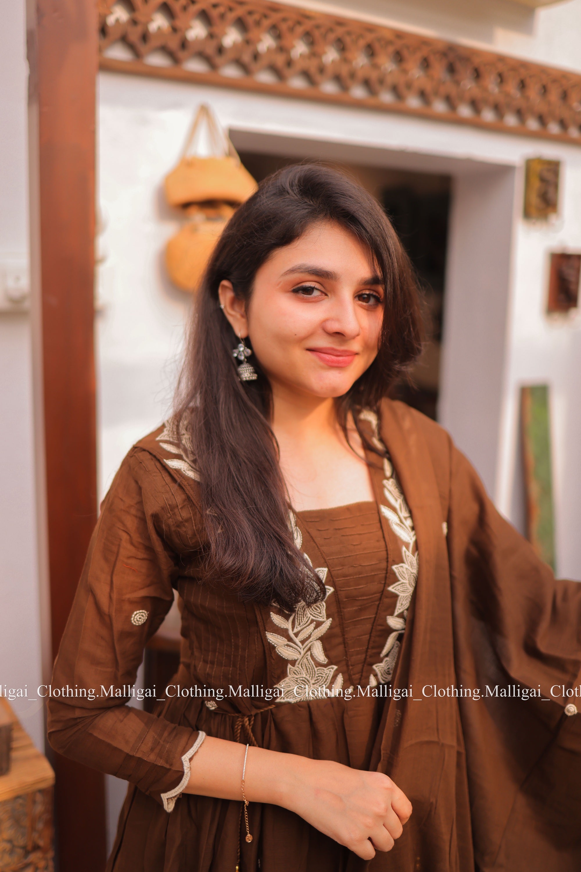 Coffee Brown Mul Mul Cotton Salwar Suit - Umbrella Flare Pattern (Side Open)