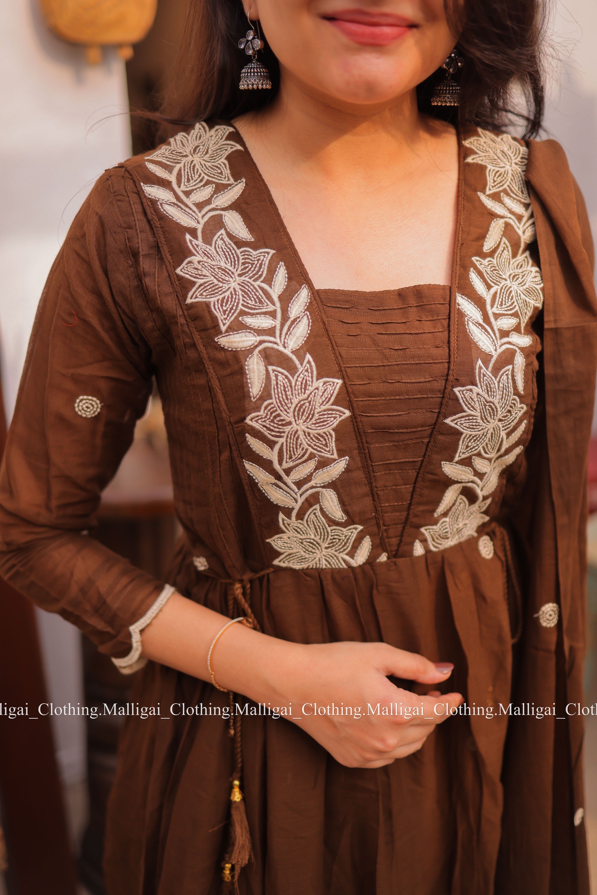 Coffee Brown Mul Mul Cotton Salwar Suit - Umbrella Flare Pattern (Side Open)
