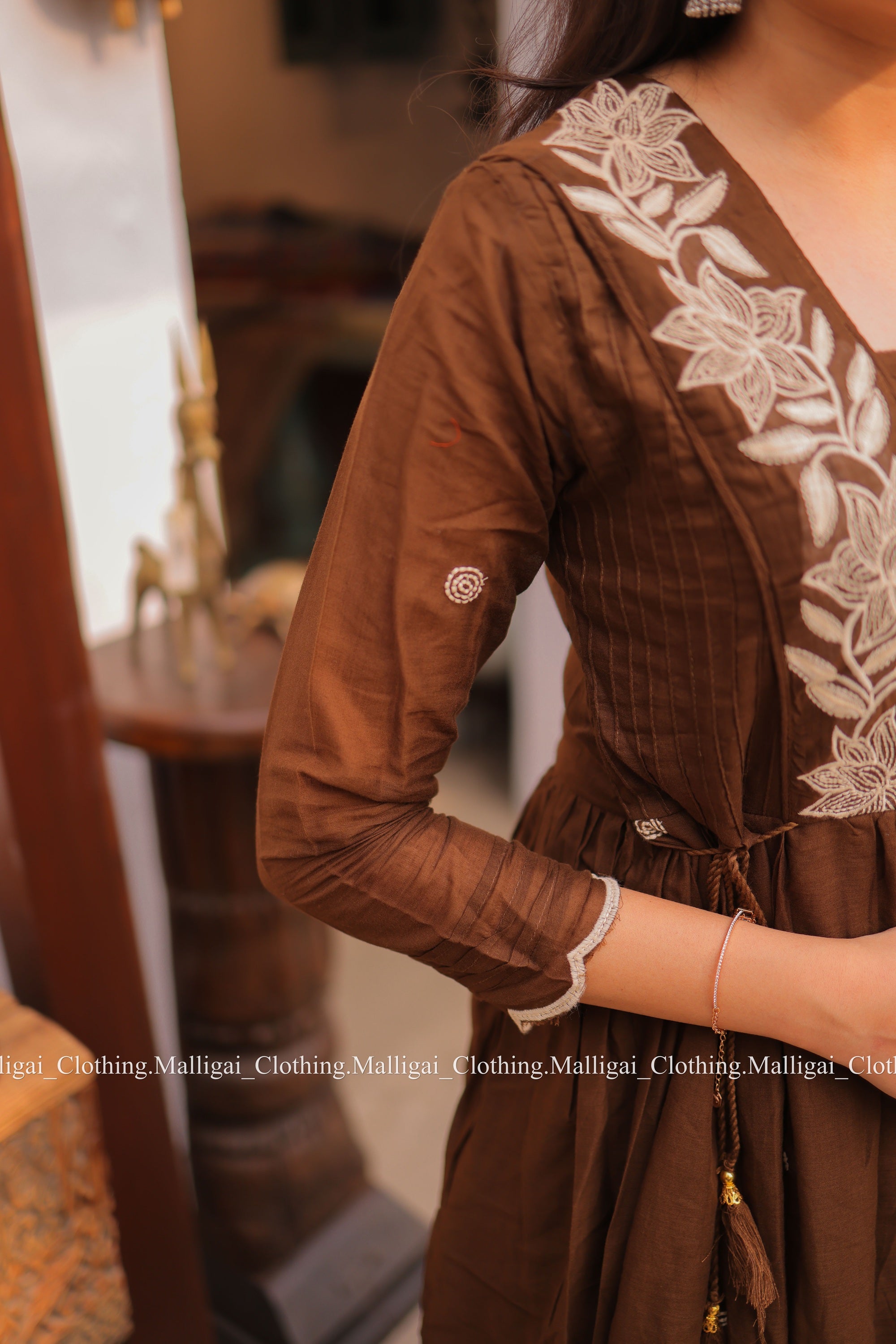 Coffee Brown Mul Mul Cotton Salwar Suit - Umbrella Flare Pattern (Side Open)