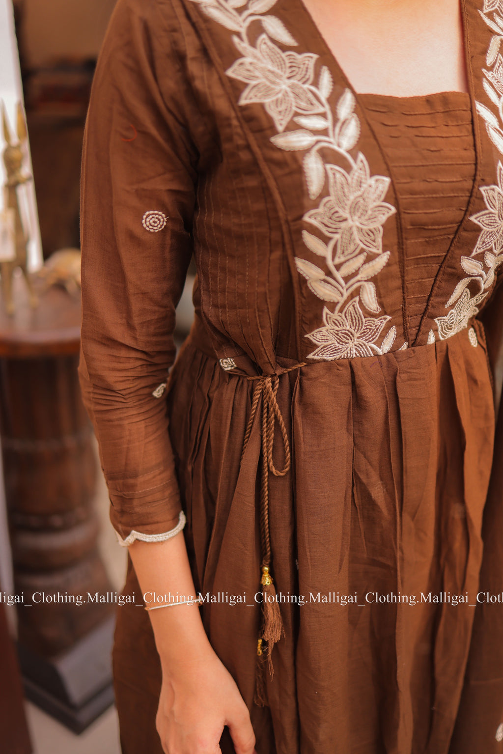 Coffee Brown Mul Mul Cotton Salwar Suit - Umbrella Flare Pattern (Side Open)