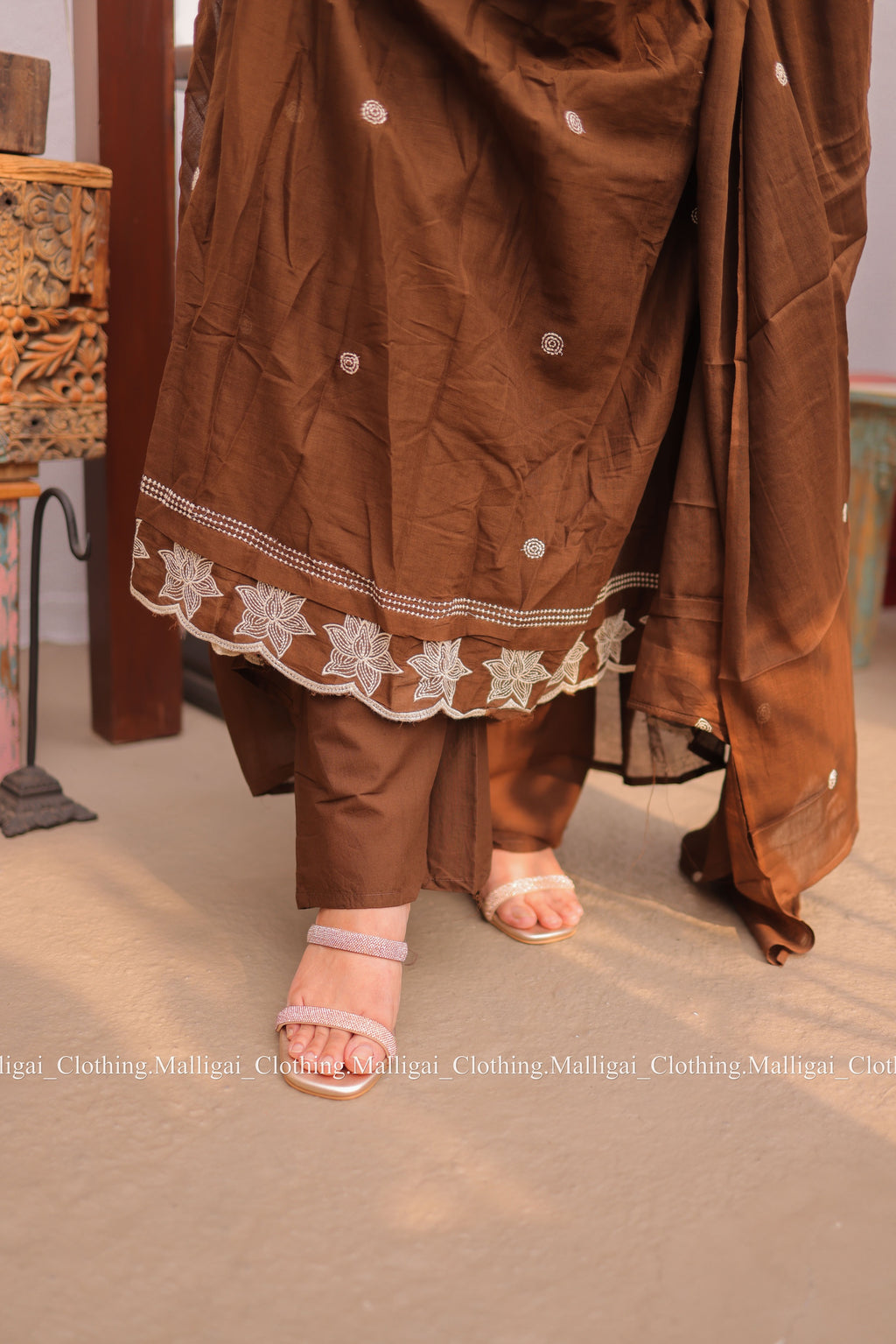 Coffee Brown Mul Mul Cotton Salwar Suit - Umbrella Flare Pattern (Side Open)