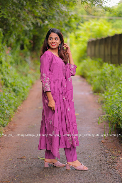Chanderi Silk - Purple 3 piece salwar suit with Lining