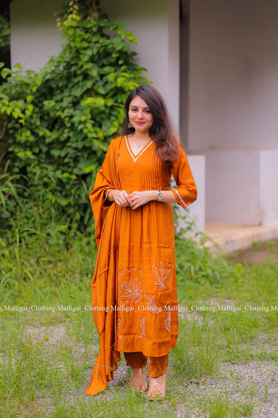 Rust Orange Chanderi Silk - 3 Piece Salwar Suit