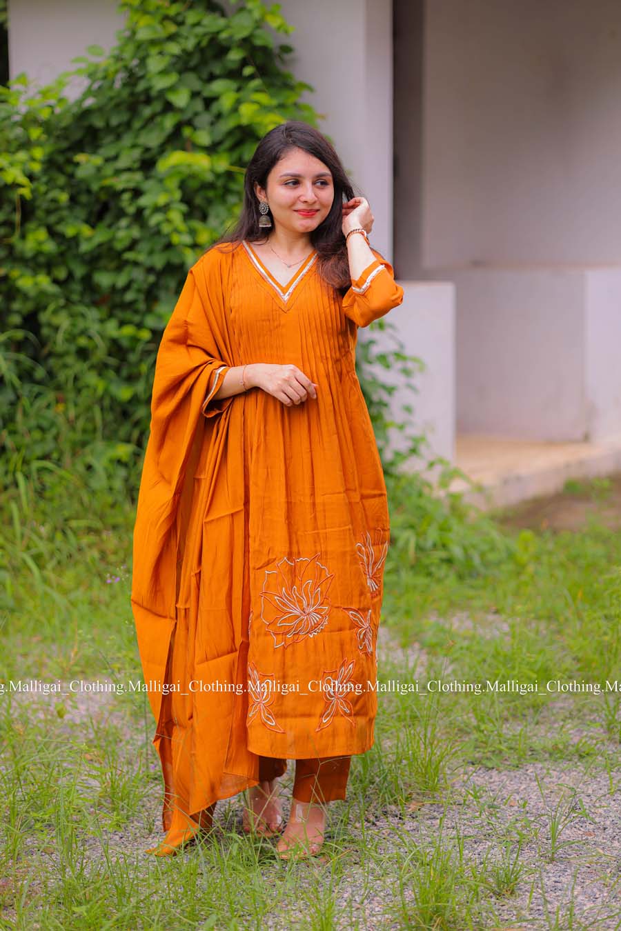 Rust Orange Chanderi Silk - 3 Piece Salwar Suit
