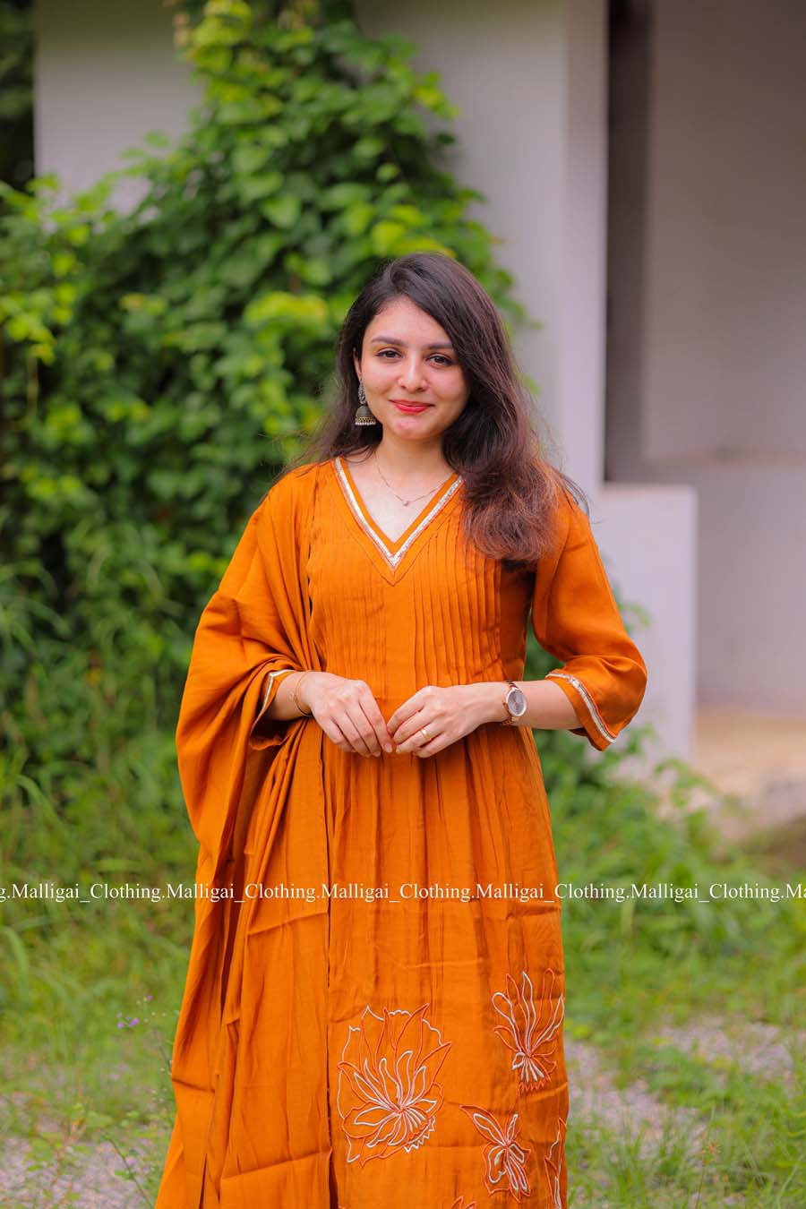 Rust Orange Chanderi Silk - 3 Piece Salwar Suit