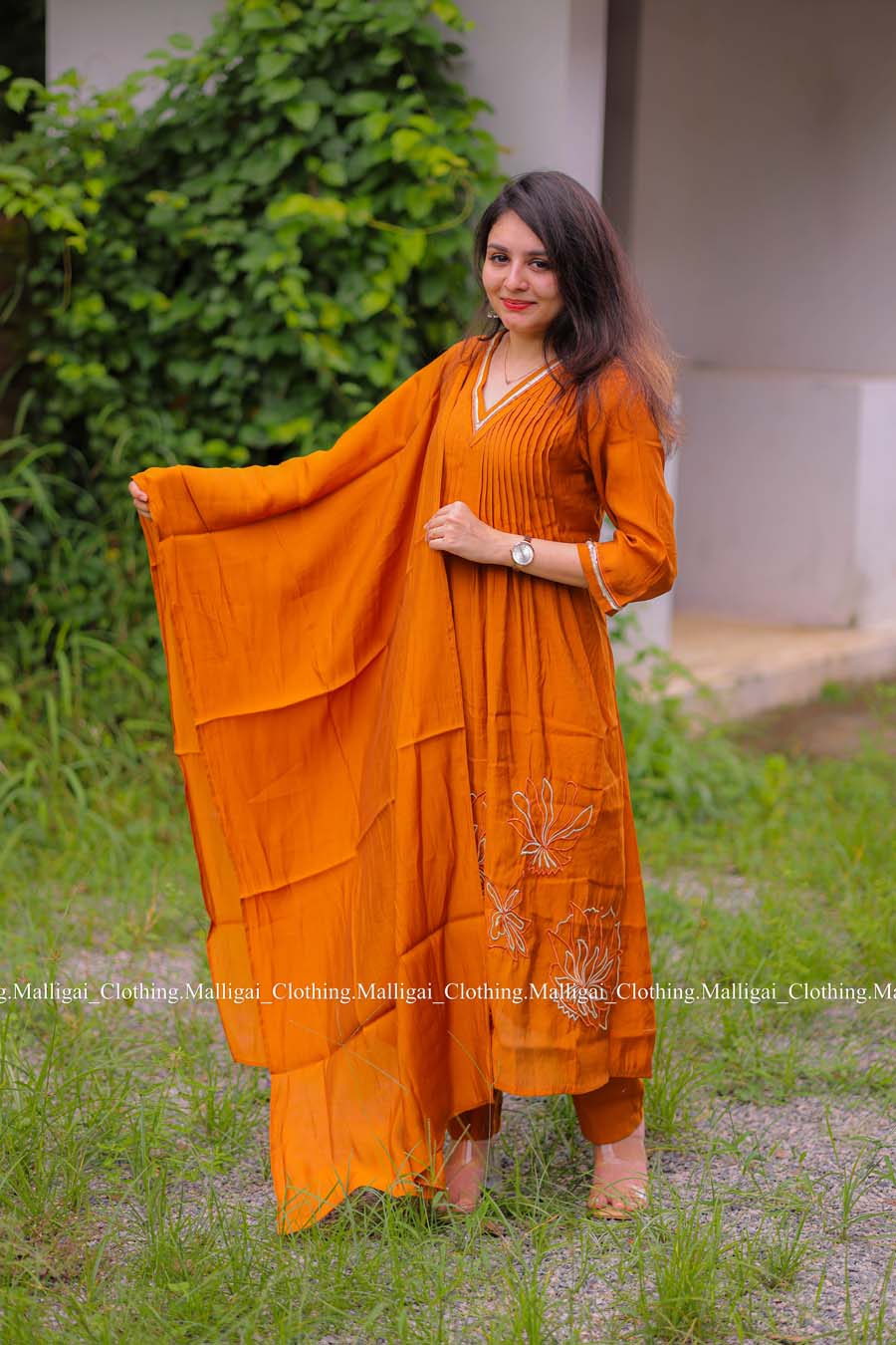 Rust Orange Chanderi Silk - 3 Piece Salwar Suit