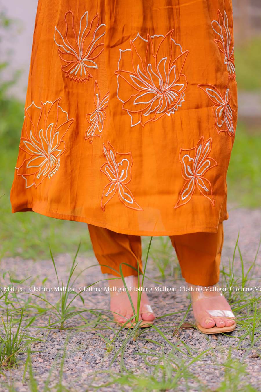 Rust Orange Chanderi Silk - 3 Piece Salwar Suit