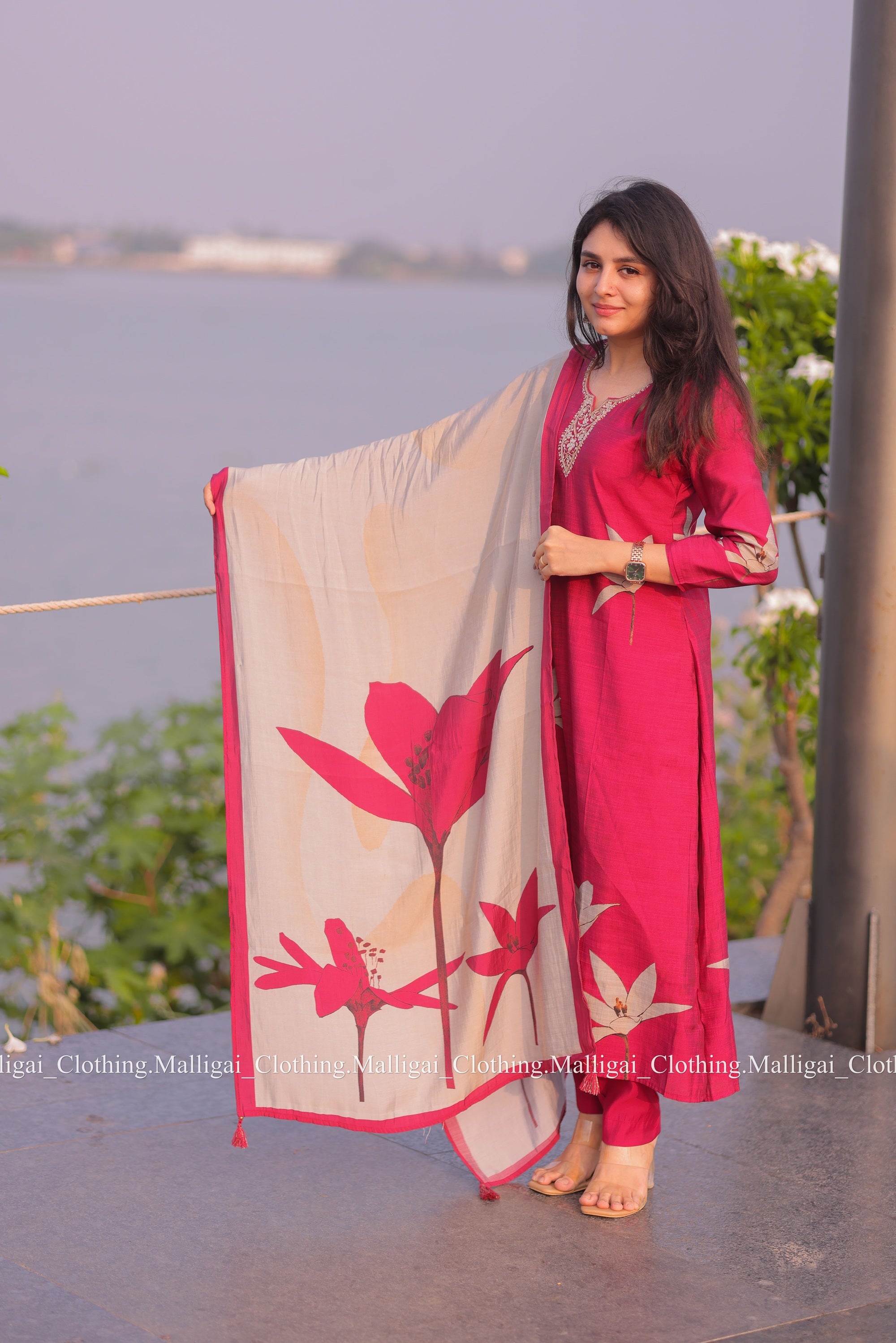 Muslin Salwar Suit Set with Top, Pant and Dupatta with Pockets