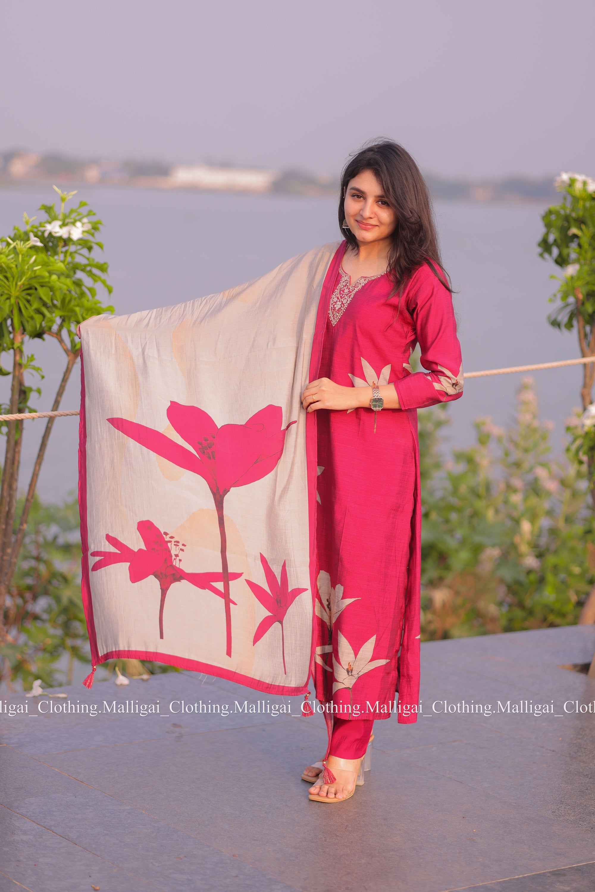 Muslin Salwar Suit Set with Top, Pant and Dupatta with Pockets