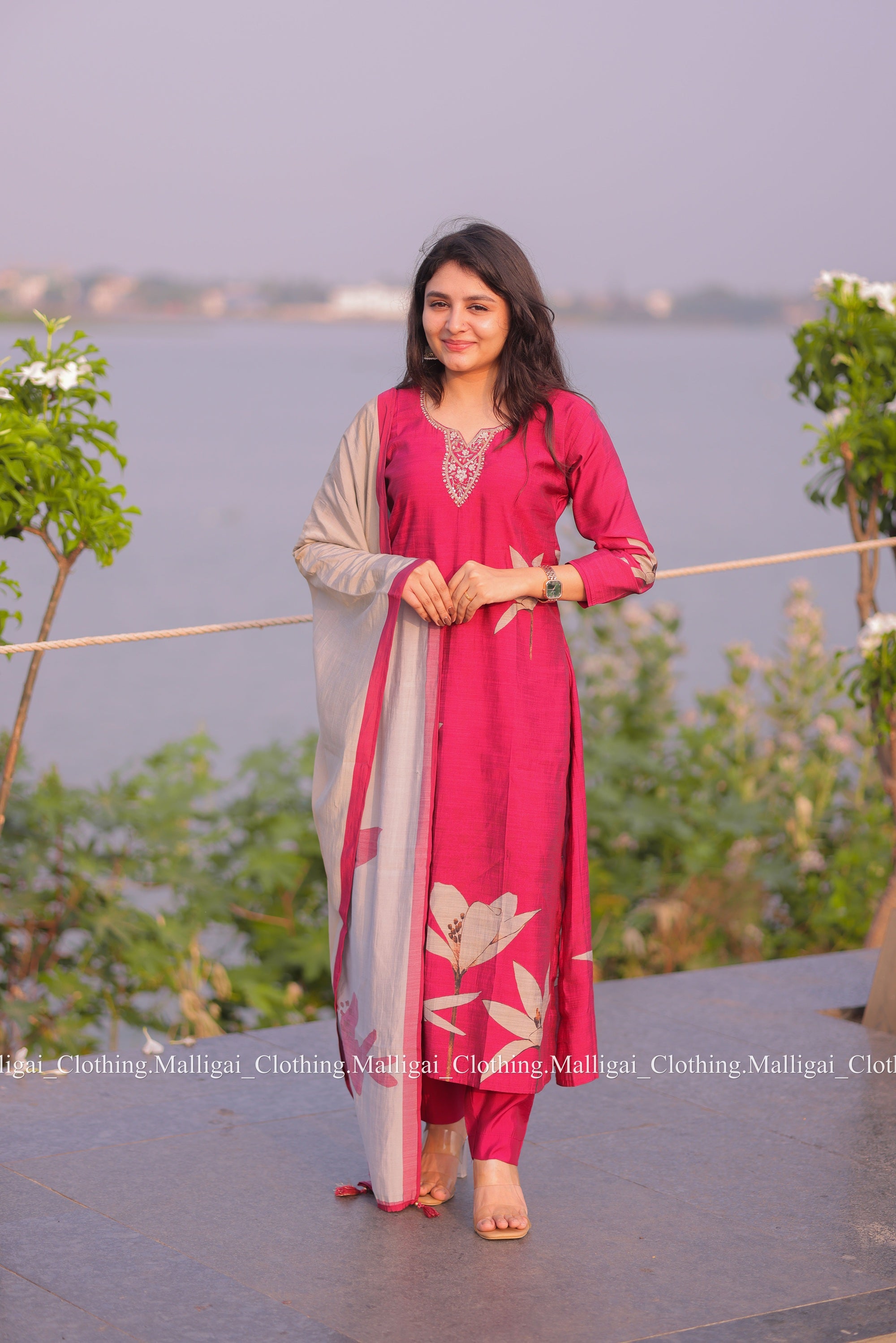 Muslin Salwar Suit Set with Top, Pant and Dupatta with Pockets