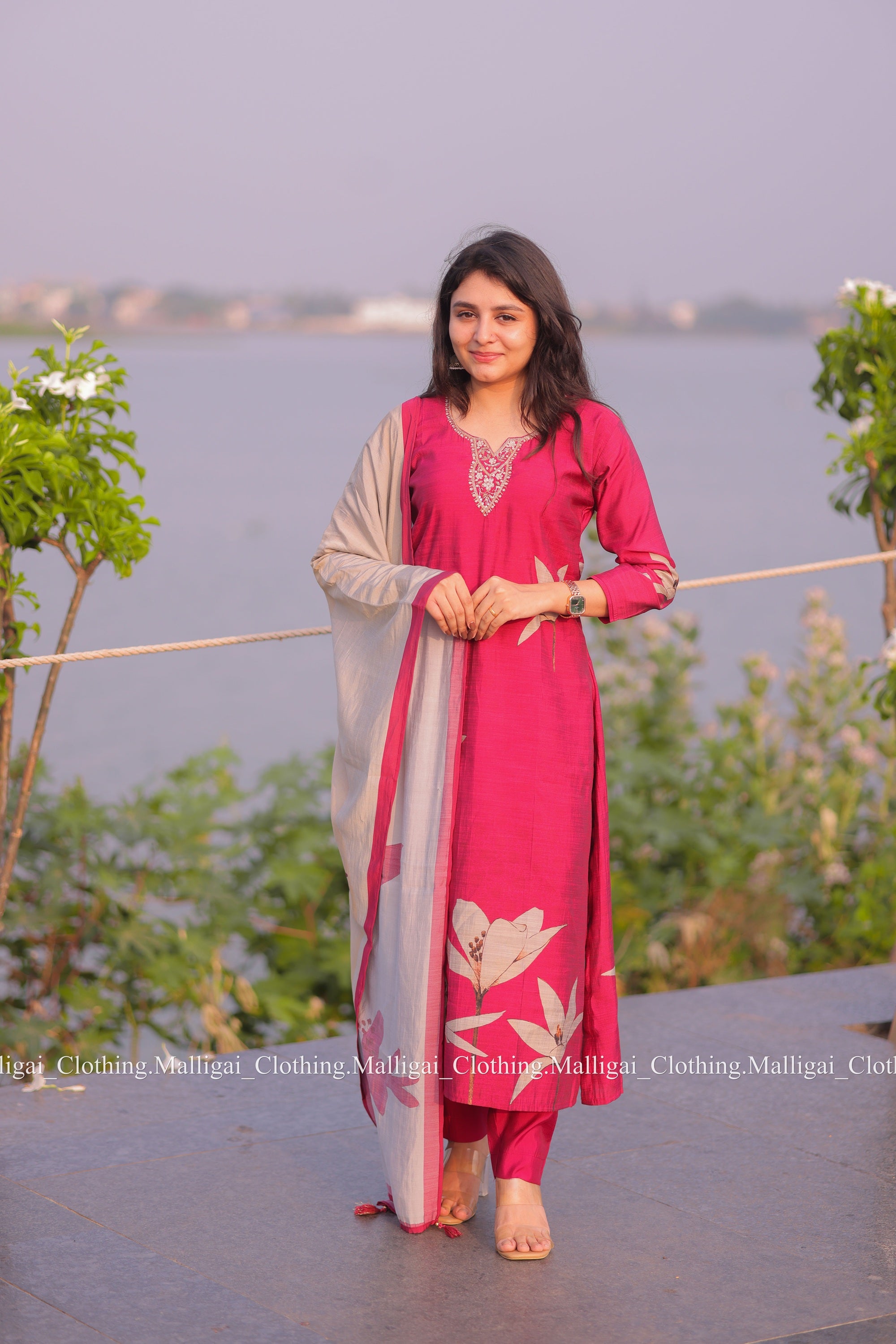 Muslin Salwar Suit Set with Top, Pant and Dupatta with Pockets