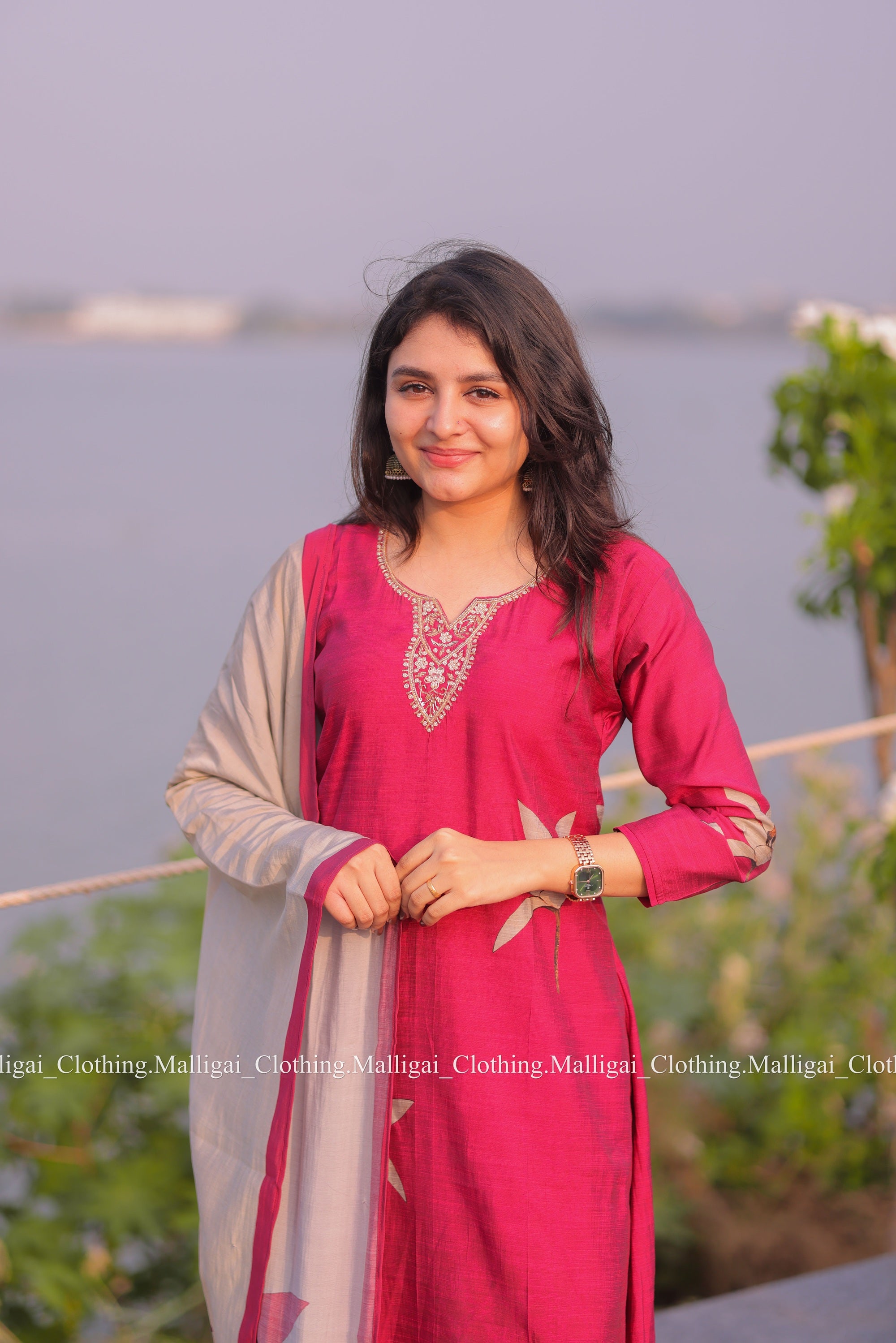 Muslin Salwar Suit Set with Top, Pant and Dupatta with Pockets