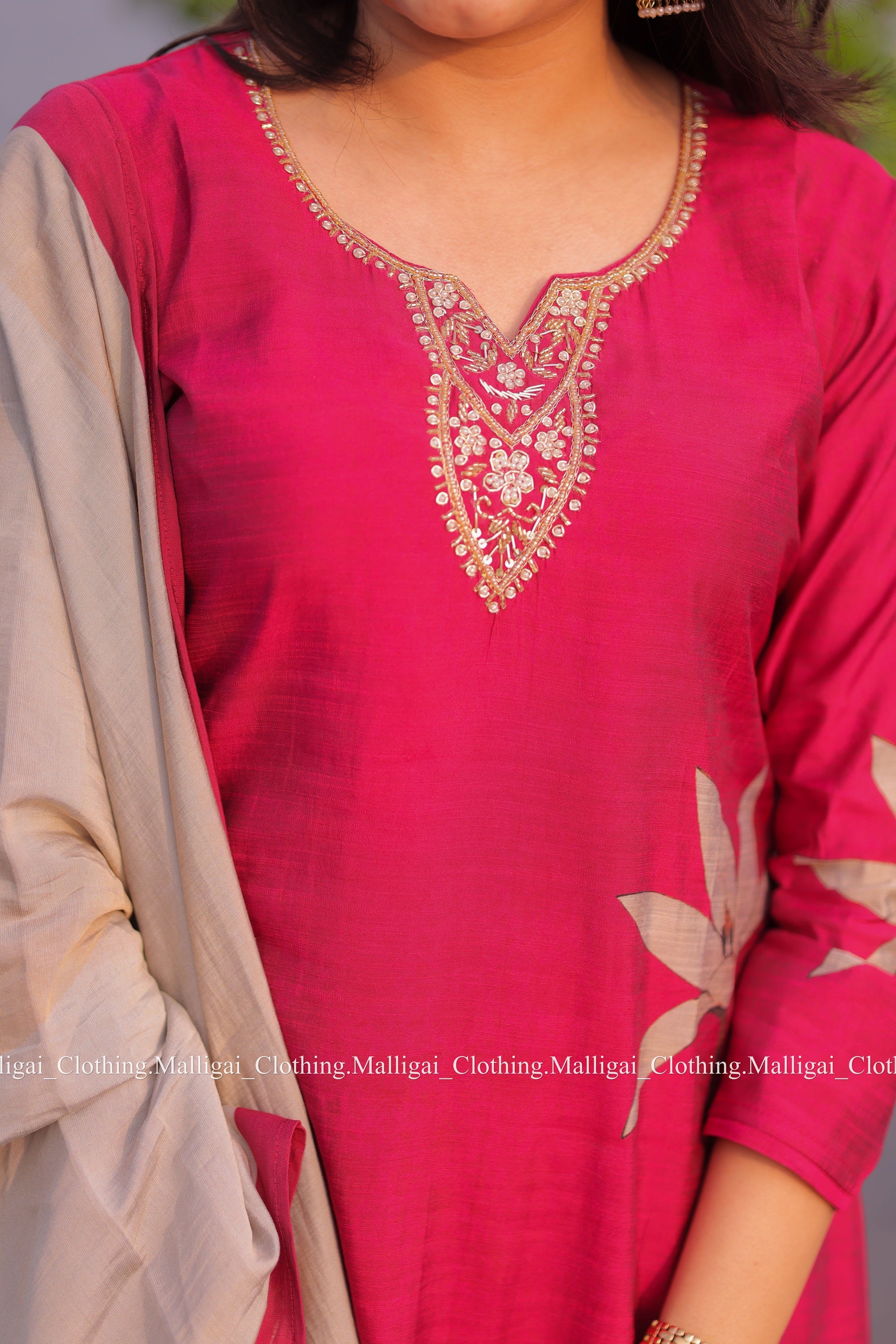 Muslin Salwar Suit Set with Top, Pant and Dupatta with Pockets