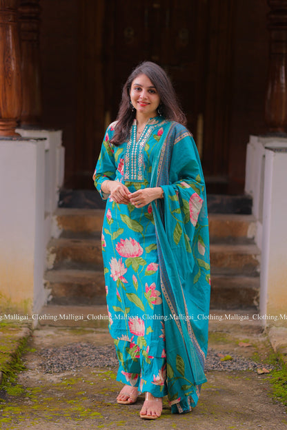 Teal Blue Cotton Salwar Suit - 3-piece salwar suit