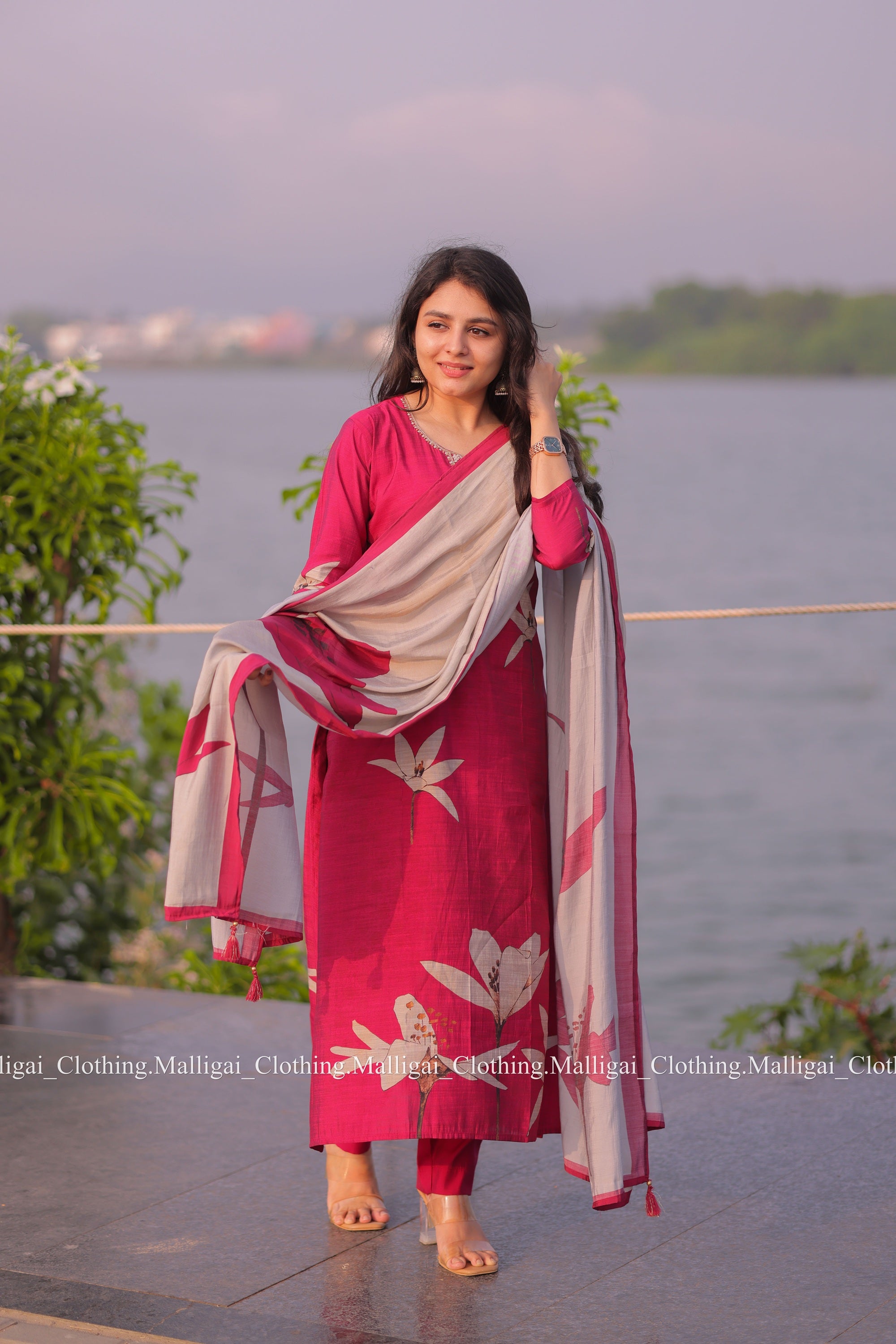 Muslin Salwar Suit Set with Top, Pant and Dupatta with Pockets
