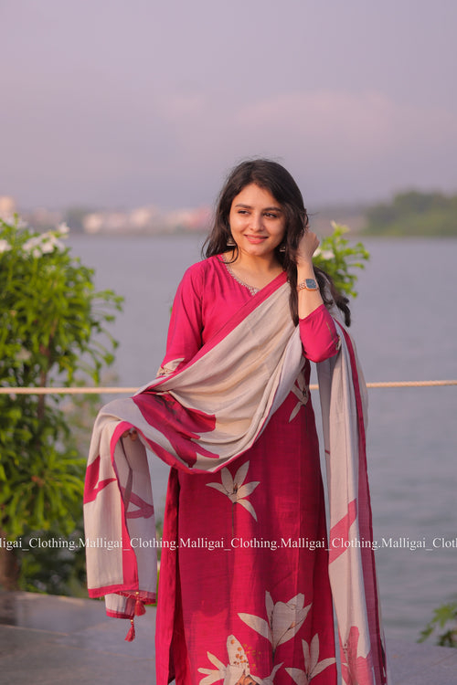 Muslin Salwar Suit Set with Top, Pant and Dupatta with Pockets