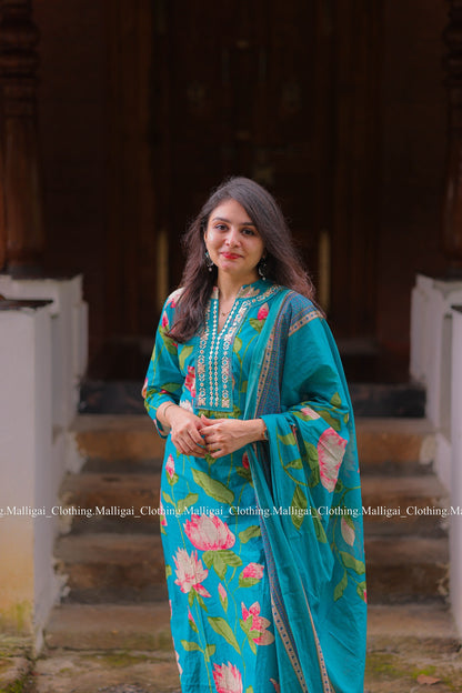 Teal Blue Cotton Salwar Suit - 3-piece salwar suit