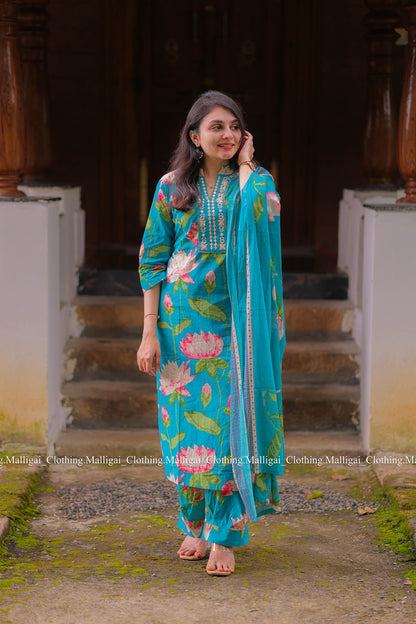 Teal Blue Cotton Salwar Suit - 3-piece salwar suit