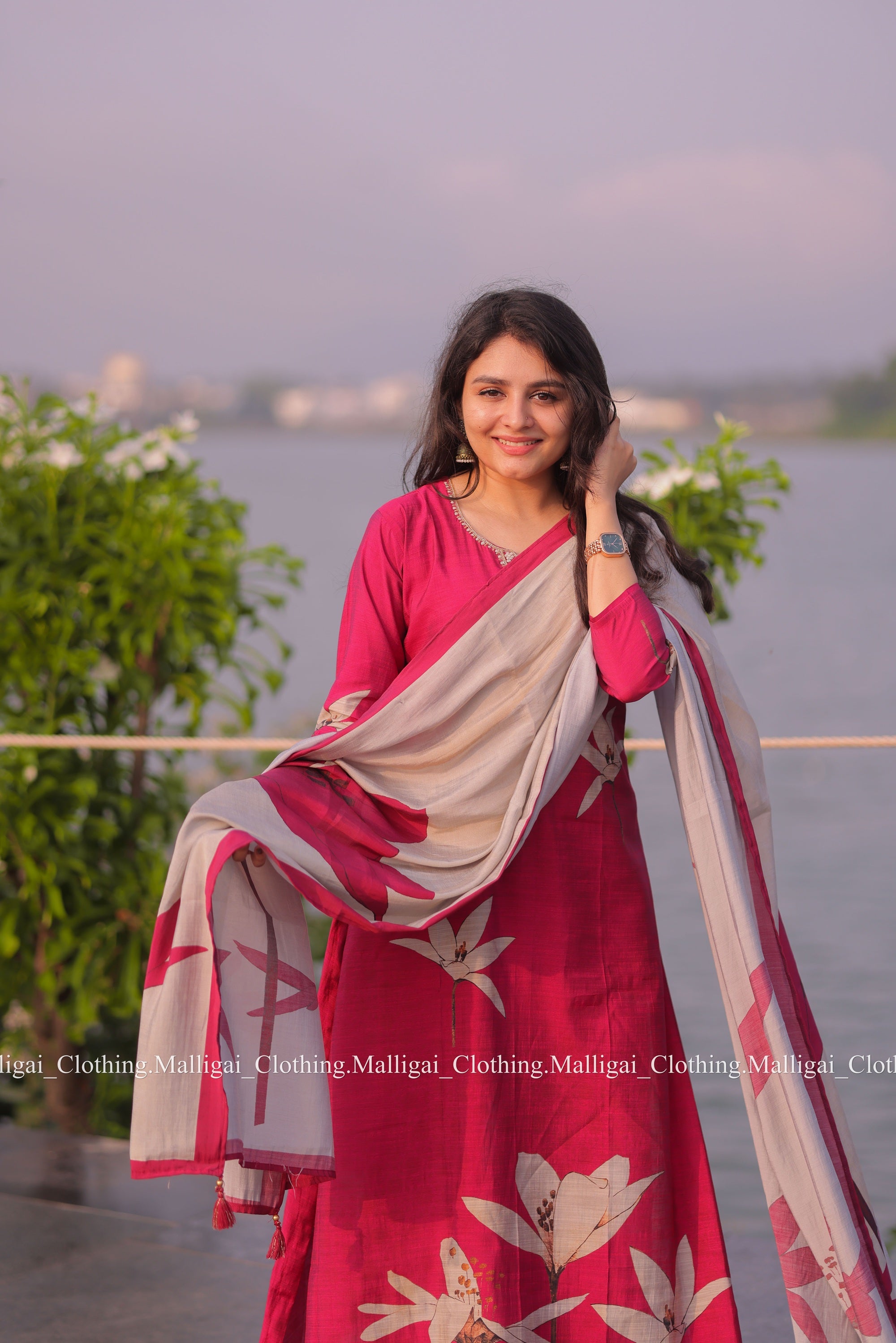 Muslin Salwar Suit Set with Top, Pant and Dupatta with Pockets