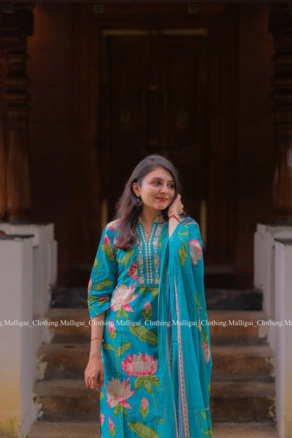 Teal Blue Cotton Salwar Suit - 3-piece salwar suit