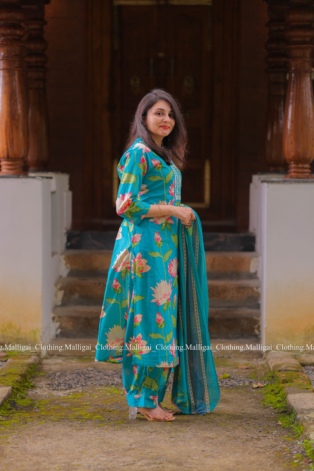 Teal Blue Cotton Salwar Suit - 3-piece salwar suit