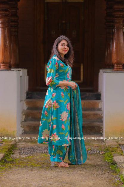 Teal Blue Cotton Salwar Suit - 3-piece salwar suit